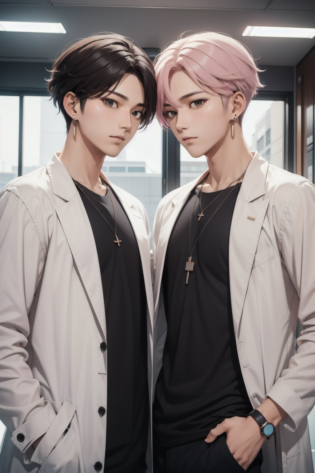 gay male relationship,male face,ikemen, kpop,ikemen, kpop,ikemen, handsome, black t-shirt, necklace, earrings, pink blond hair, white coat, mad scientist, lab