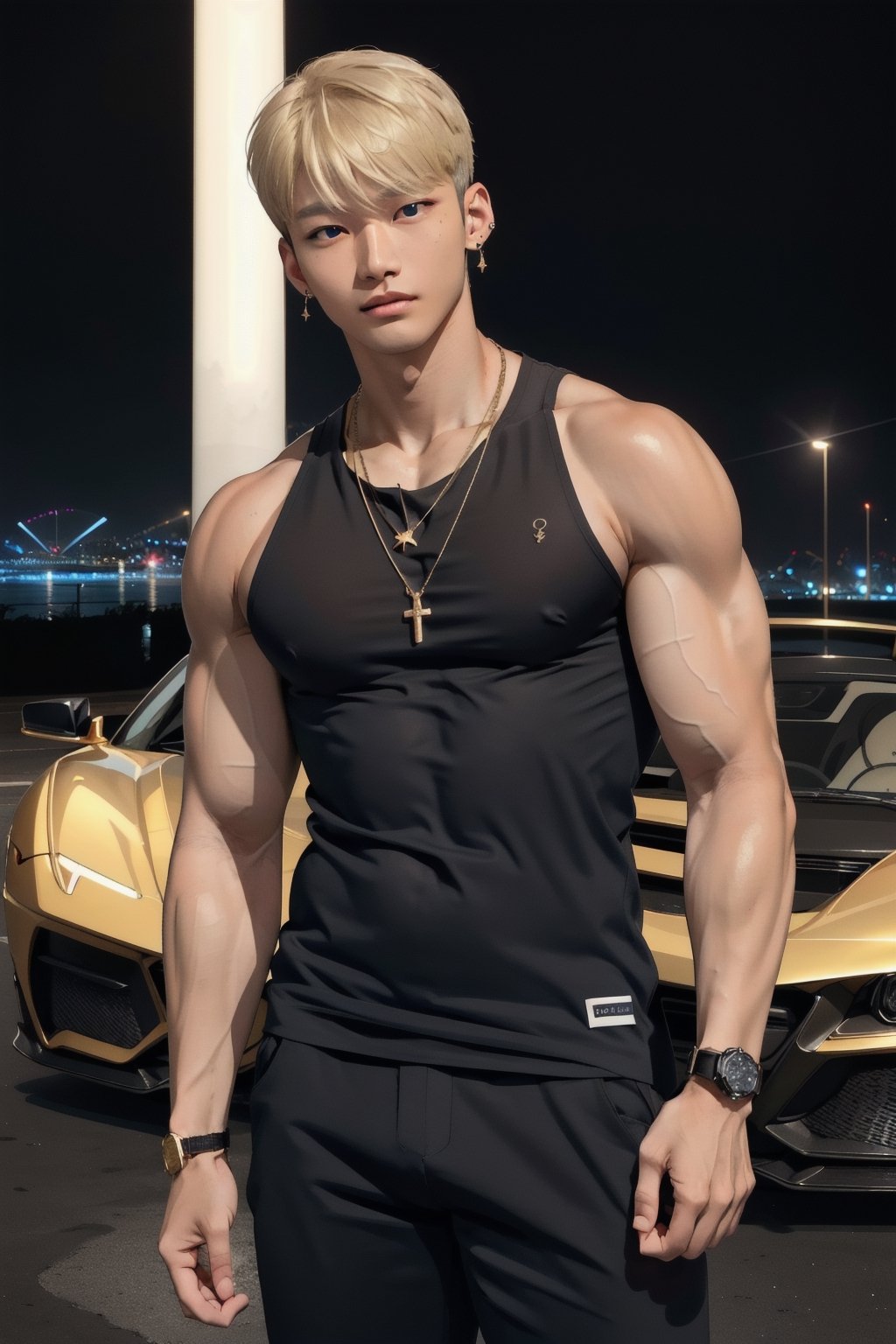 intricate detail, 18 year old, young handsome asian male wearing black tanktop,  kpop,ikemen, blue eyes, handsome, earrings, gold necklace, luxuary golden omega watch,  blond hair, big muscle, physique, fitness model, wealthy, billionair,  standing, in front of glittering supercar,  dubai night background