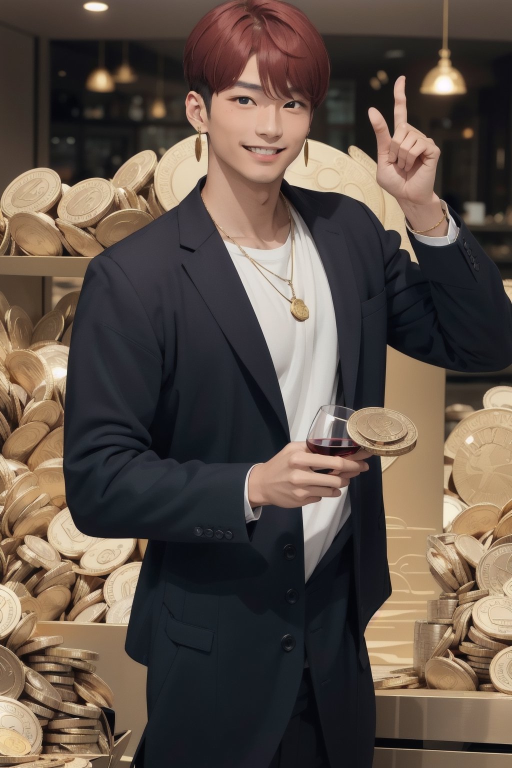 young handsome asian male surrounded by gold bit coins and with a big smile on face, suit, necklace, earrings, glittering wine red color hair, green eyes, stylish,  in the style of dreamlike imagery, playful spontaneity, joyful and optimistic, photorealistic scenes, joycore, clear and crisp