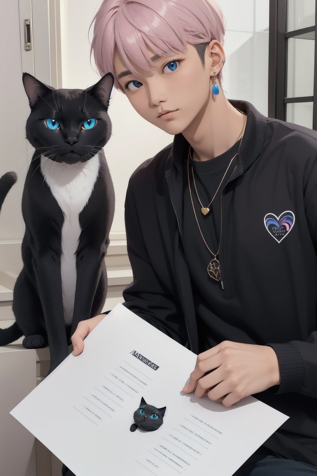 masterpiece, top quality, intricate detail, a young asian hansome male, 18 year old, short fashionable beautiful rainbow color hair, blue eyes, necklace, earrings, slim muscle, smooth skin, realistic skin, with holding a black cat, holding a paper coffee cup with pink heart logo, valentine's day