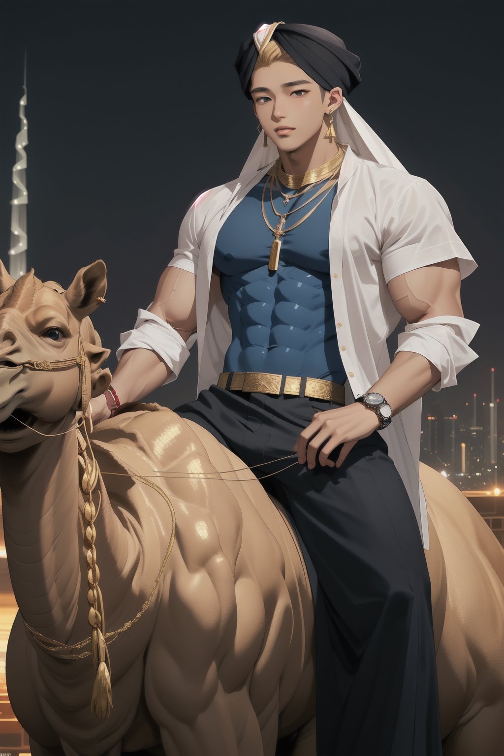 intricate detail, 18 year old, young handsome asian male wearing blue gorgeous underware with jewels,  kpop,ikemen, blue eyes, handsome, earrings, gold necklace, luxuary golden omega watch,  blond hair, big muscle, physique, fitness model, wealthy, billionair,  shirtless, turban, riding a camel,   dubai night background