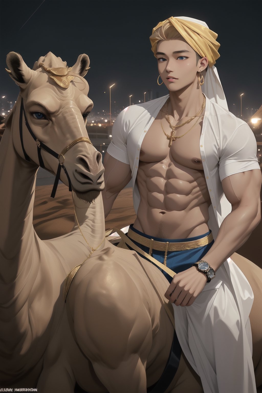 intricate detail, 18 year old, young handsome asian male wearing gorgeous underware with jewels,  kpop,ikemen, blue eyes, handsome, earrings, gold necklace, luxuary golden omega watch,  blond hair, big muscle, physique, fitness model, wealthy, billionair,  shirtless, turban, riding a camel,   dubai night background