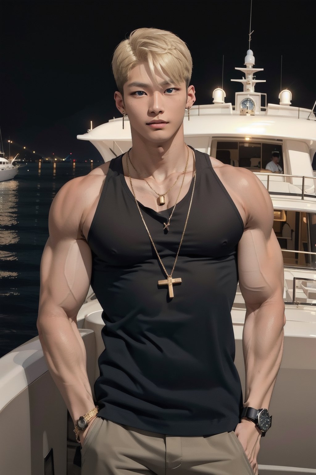 intricate detail, 18 year old, young handsome asian male wearing black tanktop,  kpop,ikemen, blue eyes, handsome, earrings, gold necklace, luxuary golden omega watch,  blond hair, big muscle, physique, fitness model, wealthy, billionair,  standing,  luxuary yacht,  dubai night background