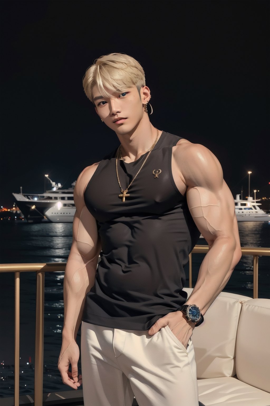 intricate detail, 18 year old, young handsome asian male wearing black tanktop,  kpop,ikemen, blue eyes, handsome, earrings, gold necklace, luxuary golden omega watch,  blond hair, big muscle, physique, fitness model, wealthy, billionair,  standing,  luxuary yacht,  dubai night background