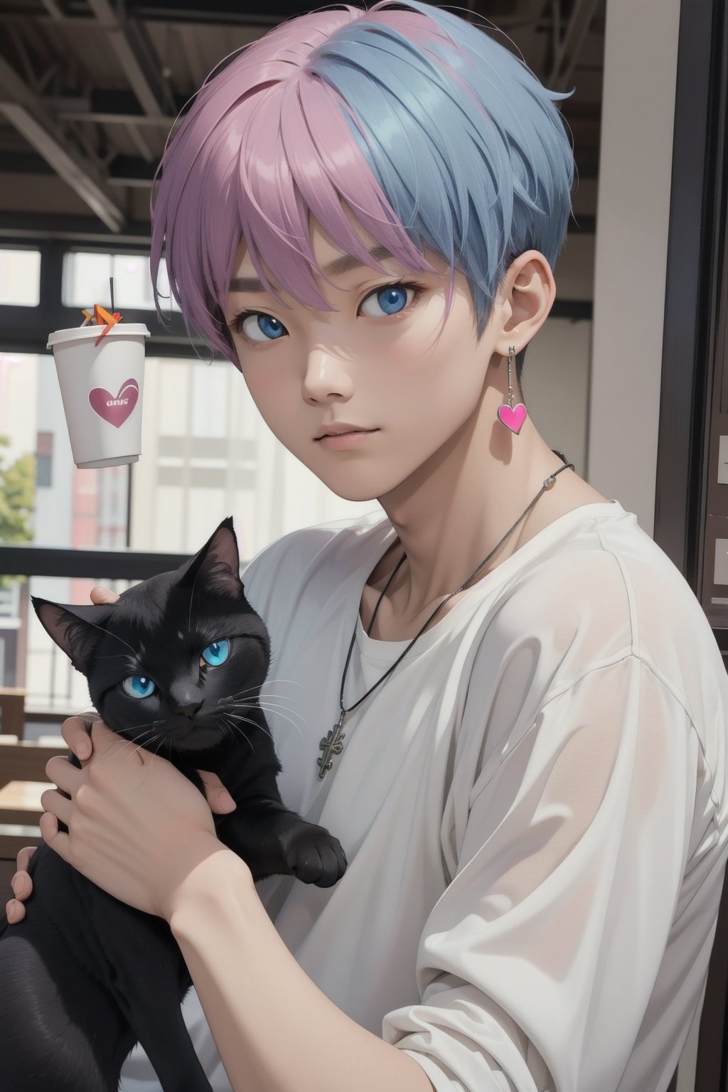 masterpiece, top quality, intricate detail, a young asian hansome male, 18 year old, short fashionable beautiful rainbow color hair, blue eyes, necklace, earrings, slim muscle, smooth skin, realistic skin, with holding a black cat, holding a paper coffee cup with pink heart logo, valentine's day