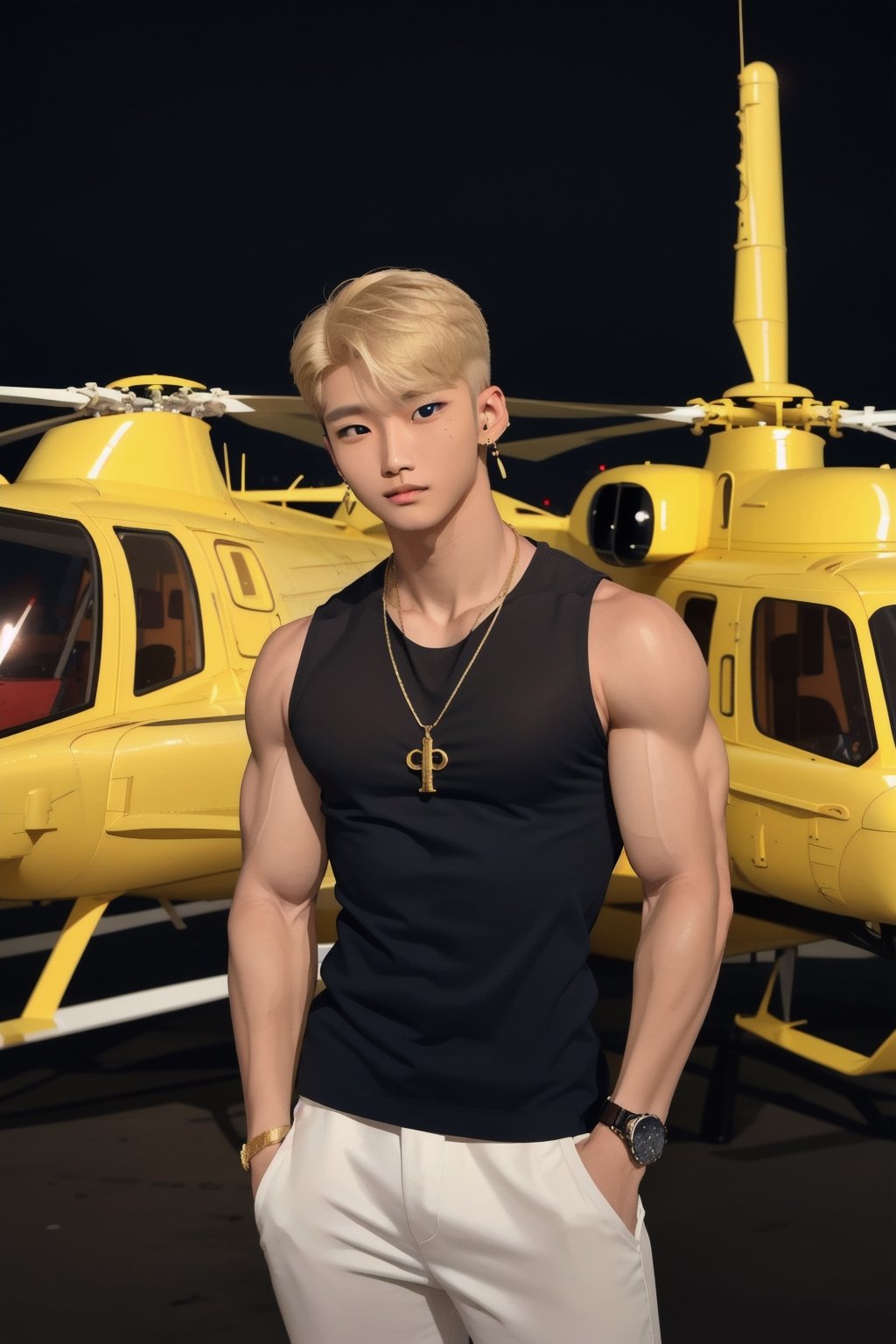 intricate detail, 18 year old, young handsome asian male wearing black tanktop,  kpop,ikemen, blue eyes, handsome, earrings, gold necklace, luxuary golden omega watch,  blond hair, big muscle, physique, fitness model, wealthy, billionair,  standing, in front of private helicopter, dubai night background