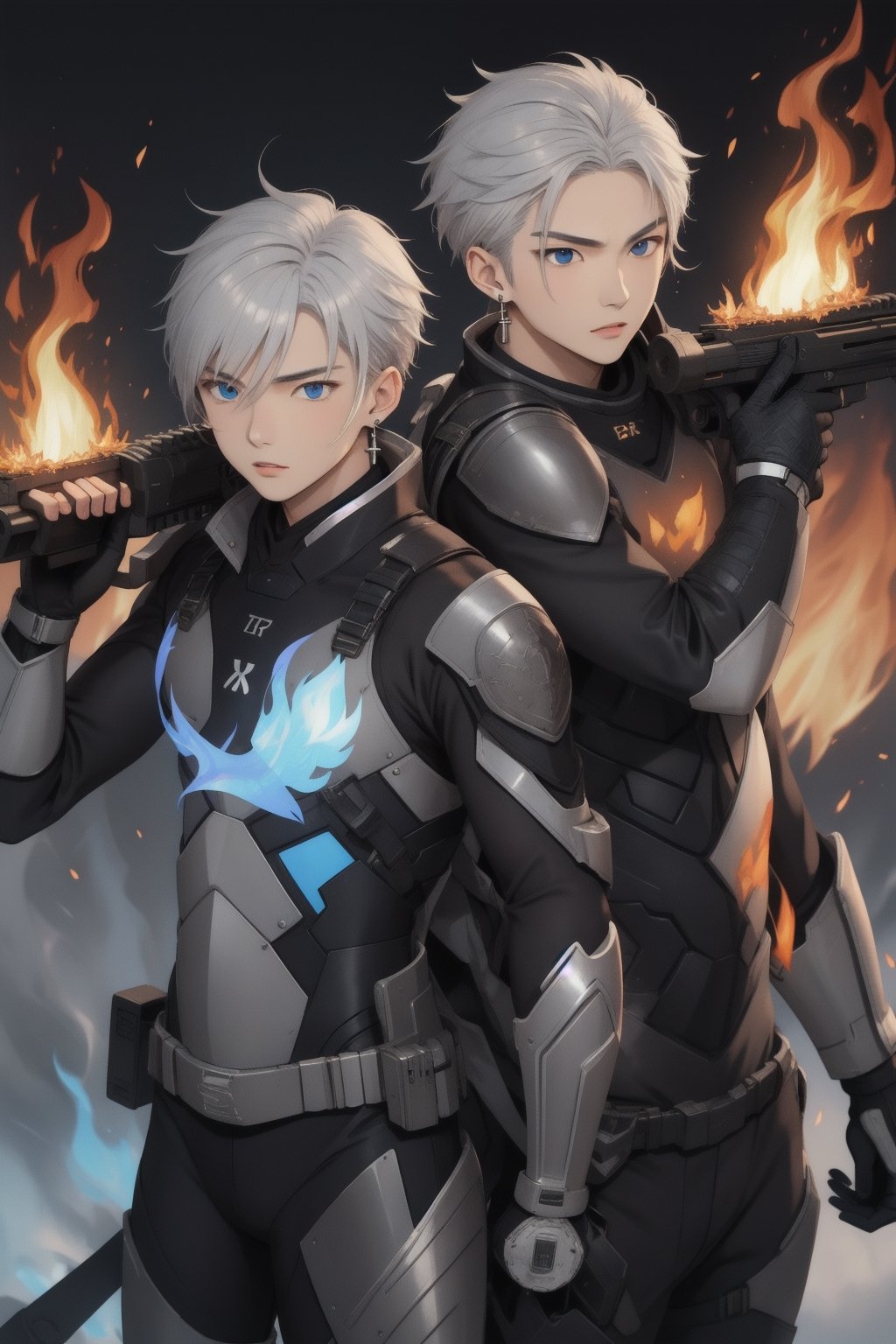 intricate detail, two young Japansehandsome males with combat suits and holding guns, fighting, blue eyes, handsome, earrings, silver hair, earrings, big blue flame, big orange flame,