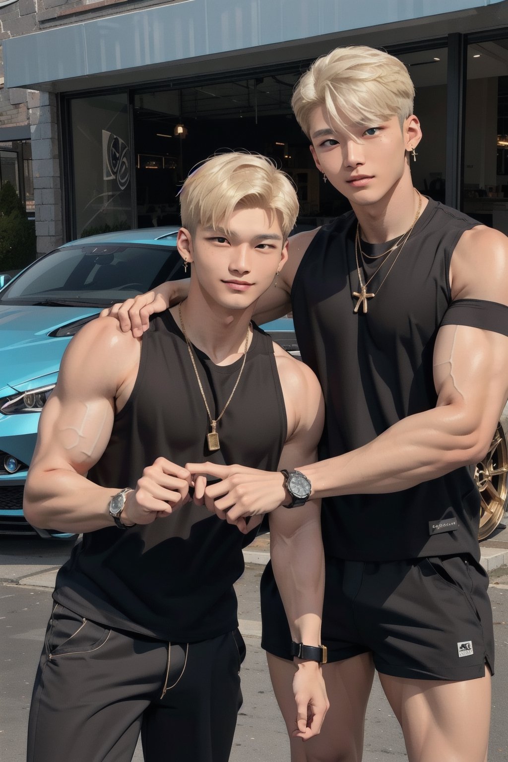 intricate detail, 18 year old, young handsome asian male wearing black tanktop, kpop,ikemen, blue eyes, handsome, earrings, gold necklace, luxuary golden omega watch,  blond hair, big muscle, physique, fitness model, wealthy, standing along with a young beautiful girl  with gorgeous dress and blond hair, in front of glitterinng blue supercar,