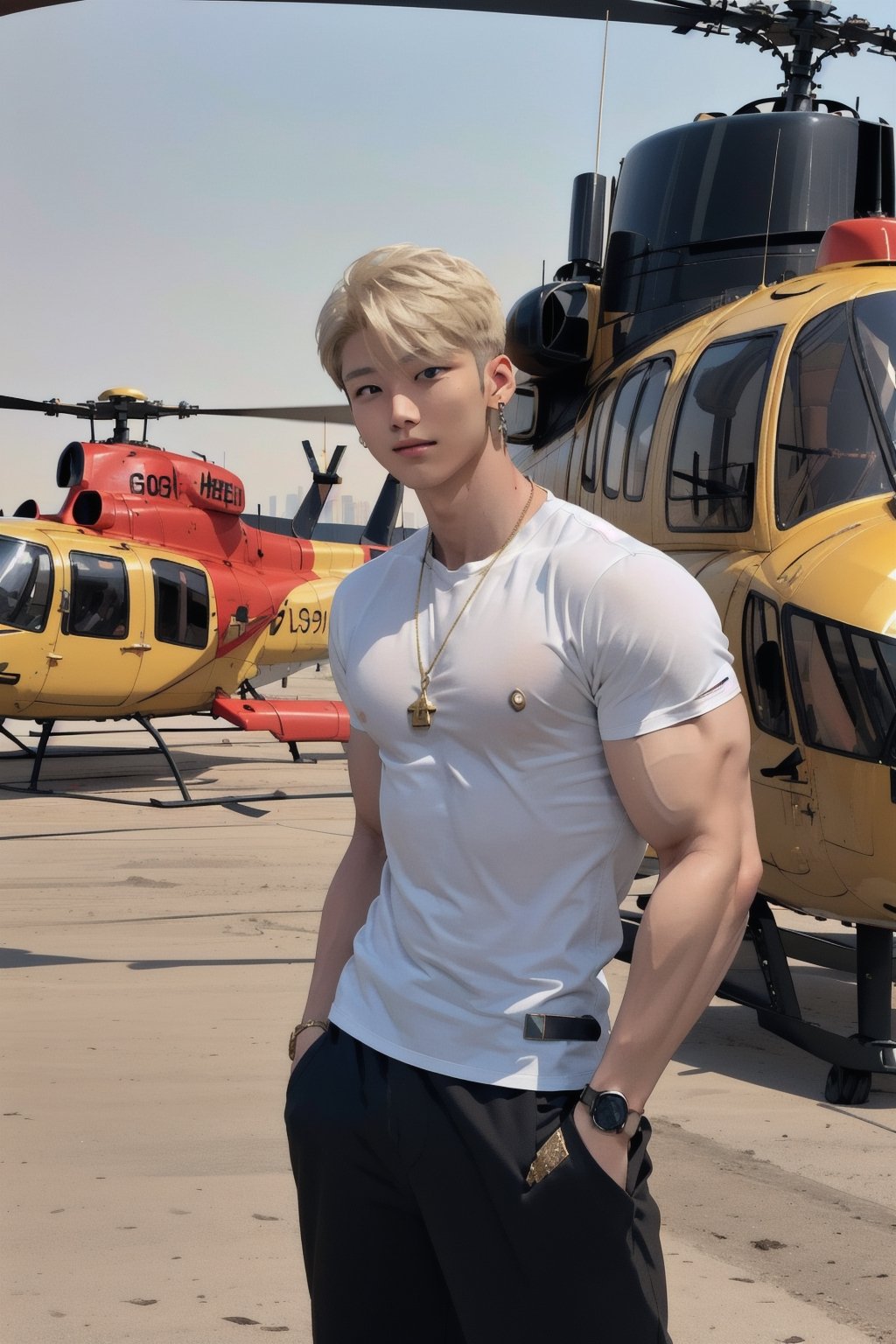 intricate detail, 18 year old, young handsome asian male wearing black tanktop,  kpop,ikemen, blue eyes, handsome, earrings, gold necklace, luxuary golden omega watch,  blond hair, big muscle, physique, fitness model, wealthy, billionair,  standing, in front of private helicopter, dubai background