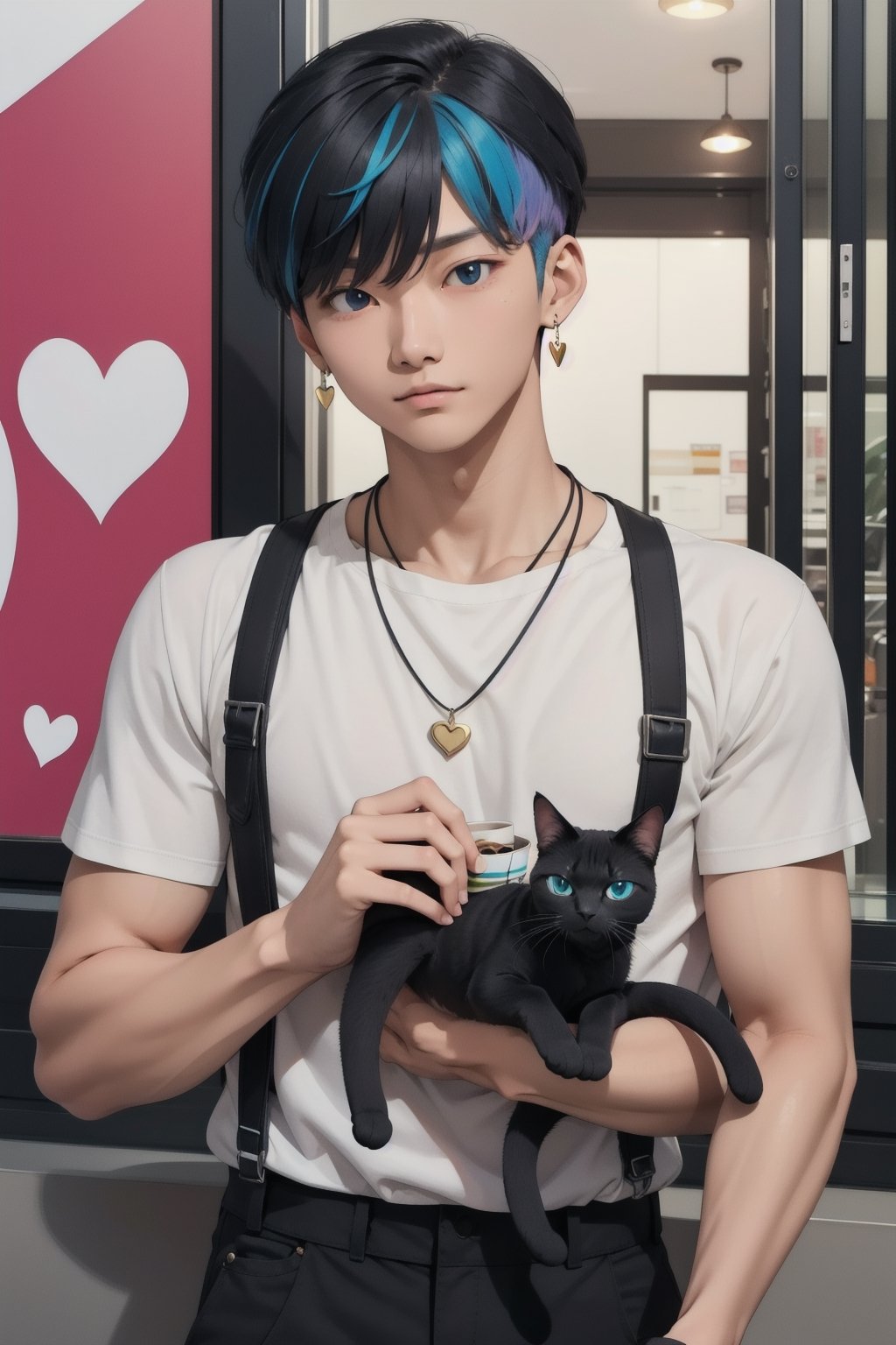 masterpiece, top quality, intricate detail, a young asian hansome male, 18 year old, short fashionable beautiful rainbow color hair, blue eyes, necklace, earrings, slim muscle, smooth skin, realistic skin, with holding a black cat, holding a paper coffee cup with pink heart logo, valentine's day