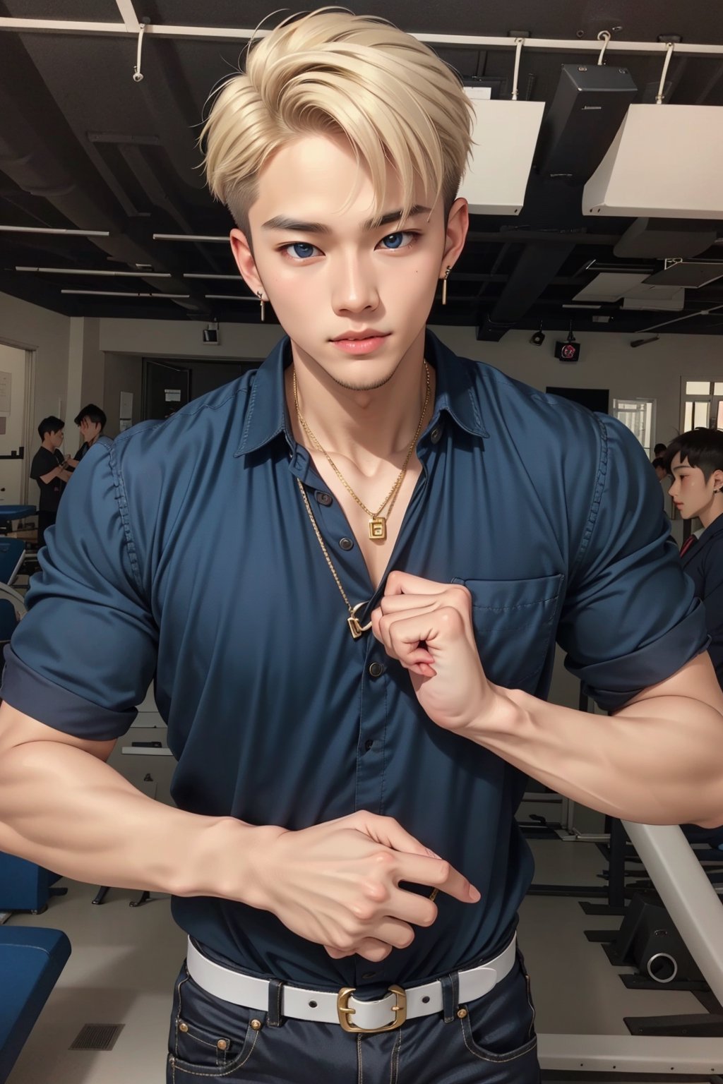  handsome asian boy, 18 year old, kpop,ikemen, dancing, school uniform,  blue eyes, handsome, earrings, gold necklace,  blond hair, slim muscle, physique, fitness model,  close up,ikemen, handsome asian male, kpop,young ikemen, sharp dancing, 
