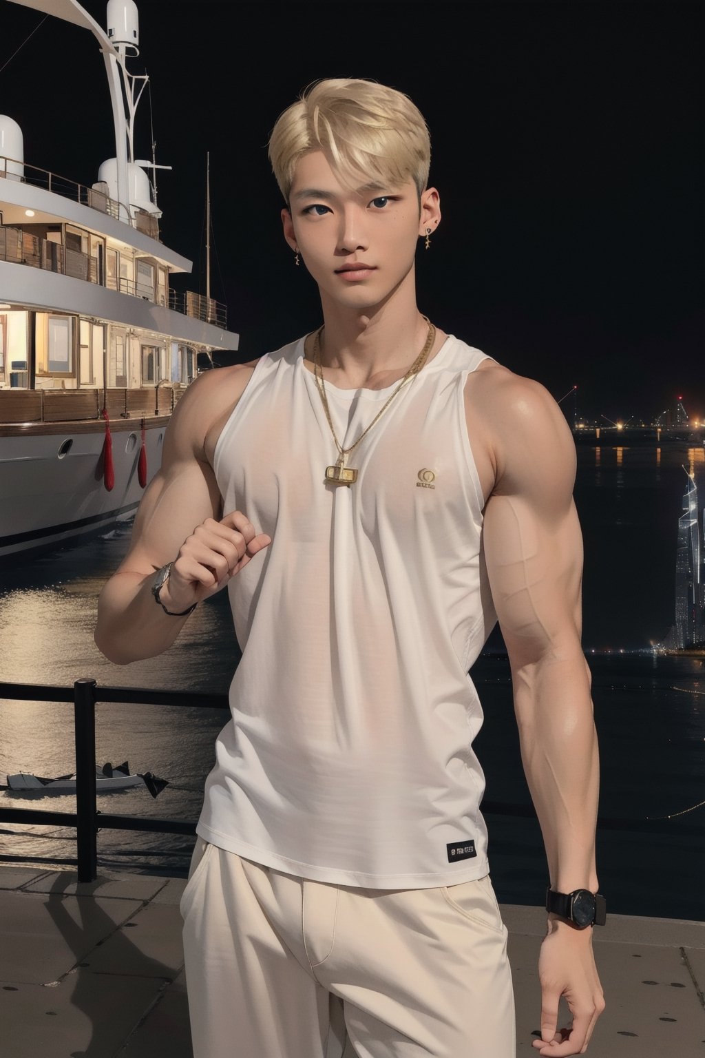 intricate detail, 18 year old, young handsome asian male wearing black tanktop,  kpop,ikemen, blue eyes, handsome, earrings, gold necklace, luxuary golden omega watch,  blond hair, big muscle, physique, fitness model, wealthy, billionair,  standing, in front of luxuary yacht,  dubai night background