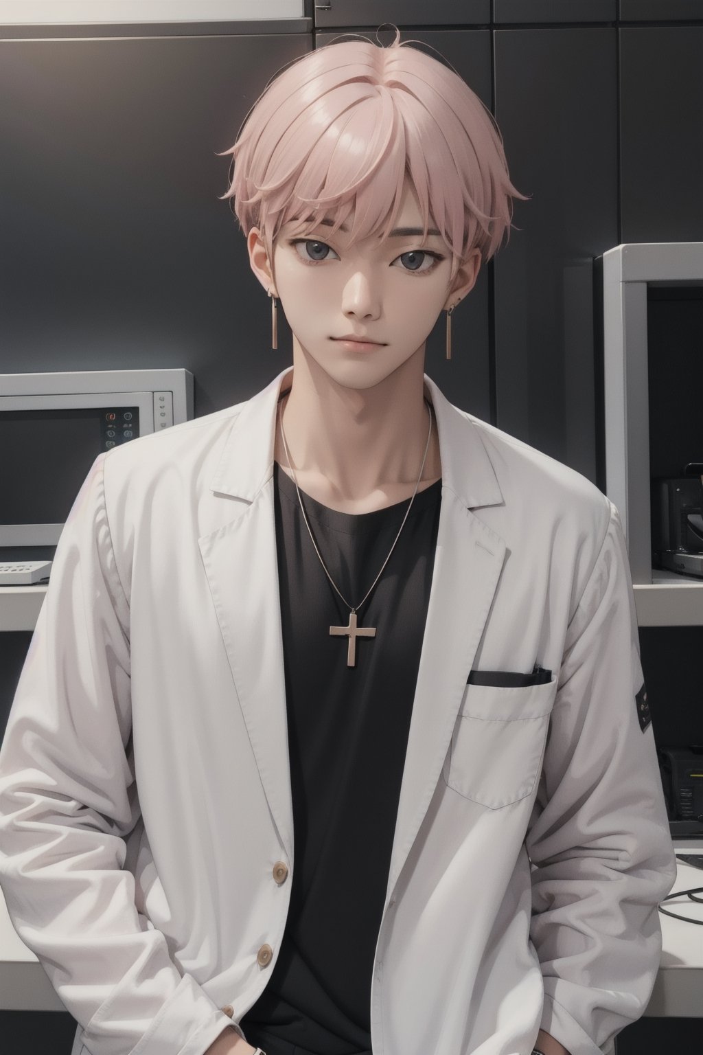 male face,ikemen, kpop,ikemen, kpop,ikemen, handsome, black t-shirt, necklace, earrings, pink blond hair, white coat, mad scientist, lab