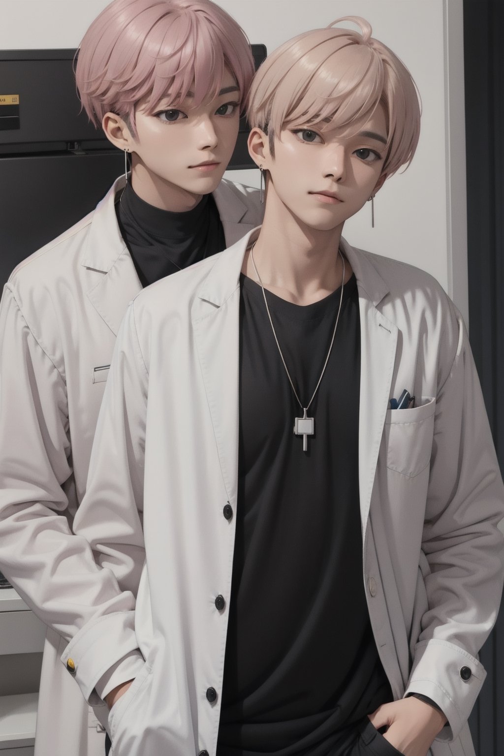 gay male relationship,male face,ikemen, kpop,ikemen, kpop,ikemen, handsome, black t-shirt, necklace, earrings, pink blond hair, white coat, mad scientist, lab