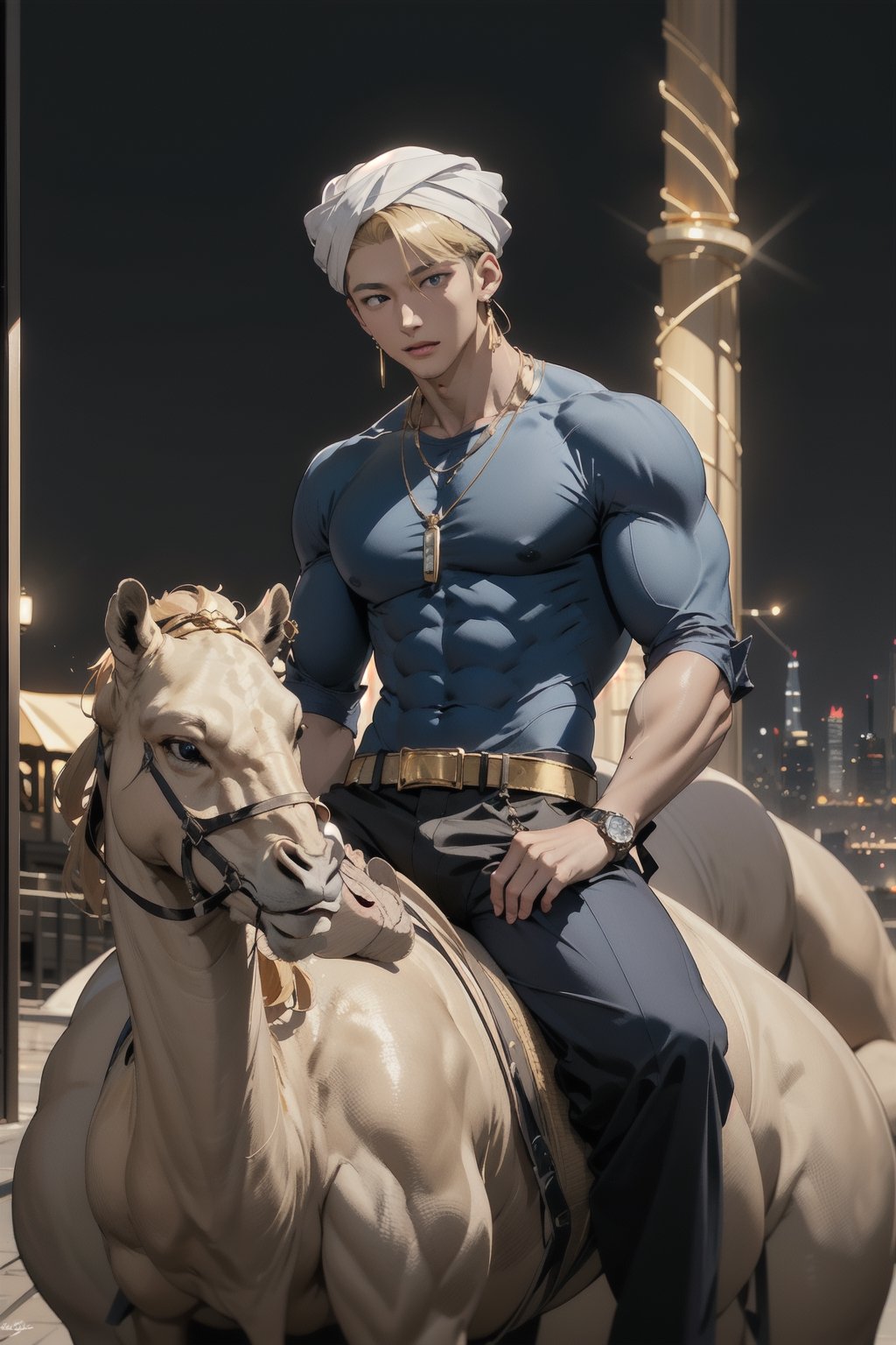 intricate detail, 18 year old, young handsome asian male wearing blue gorgeous underware with jewels,  kpop,ikemen, blue eyes, handsome, earrings, gold necklace, luxuary golden omega watch,  blond hair, big muscle, physique, fitness model, wealthy, billionair,  shirtless, turban, riding a camel,   dubai night background