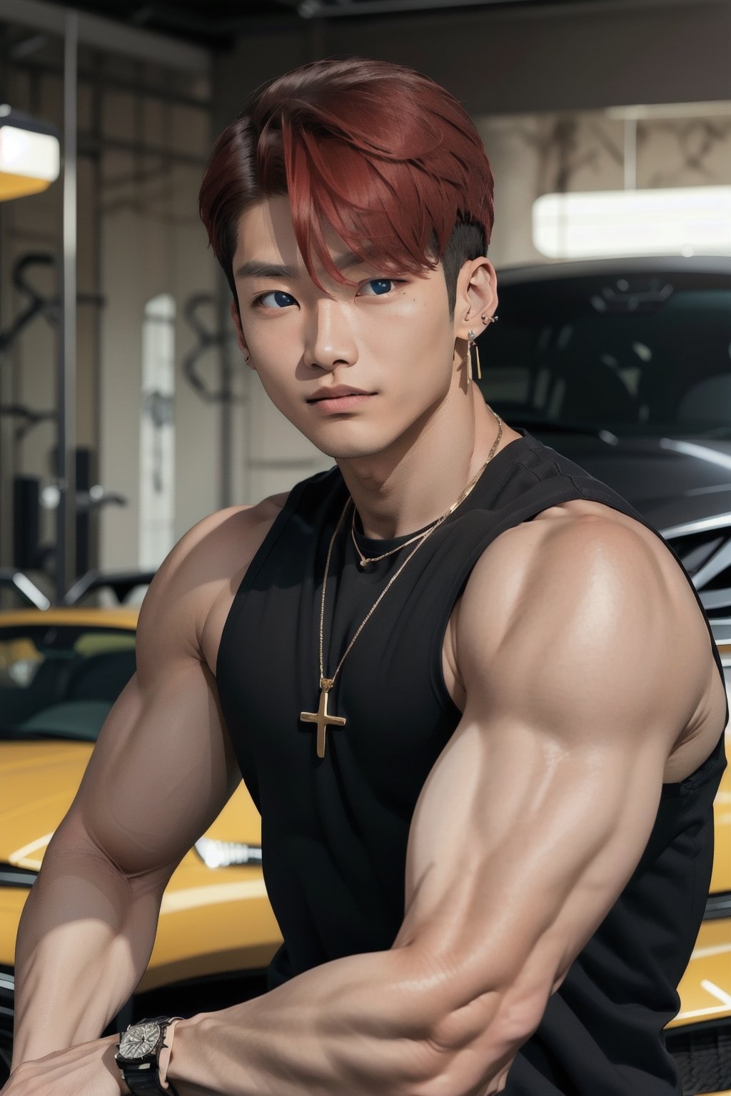 intricate detail, 18 year old, young handsome asian male wearing black tanktop, kpop,ikemen, blue eyes, handsome, earrings, gold necklace, luxuary golden omega watch,  red hair, muscle, physique, fitness model, wealthy, in front of glittering blue color supercar
