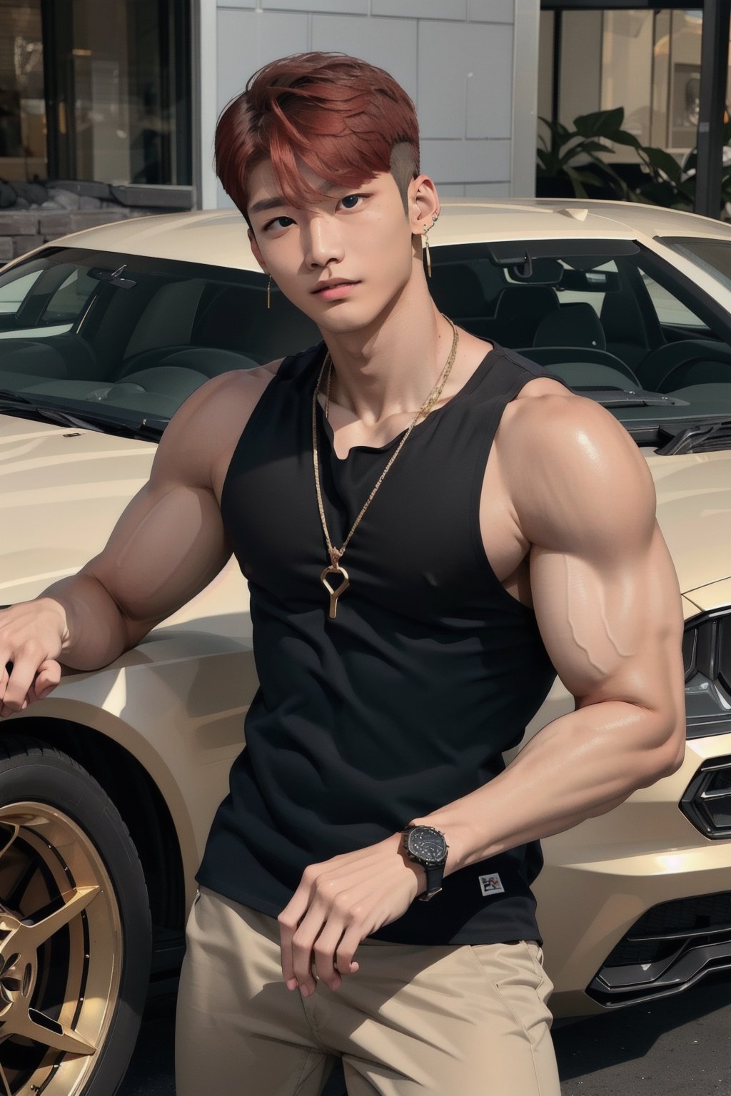 intricate detail, 18 year old, young handsome asian male wearing black tanktop, kpop,ikemen, blue eyes, handsome, earrings, gold necklace, luxuary golden omega watch,  red hair, muscle, physique, fitness model, wealthy, in front of black supercar