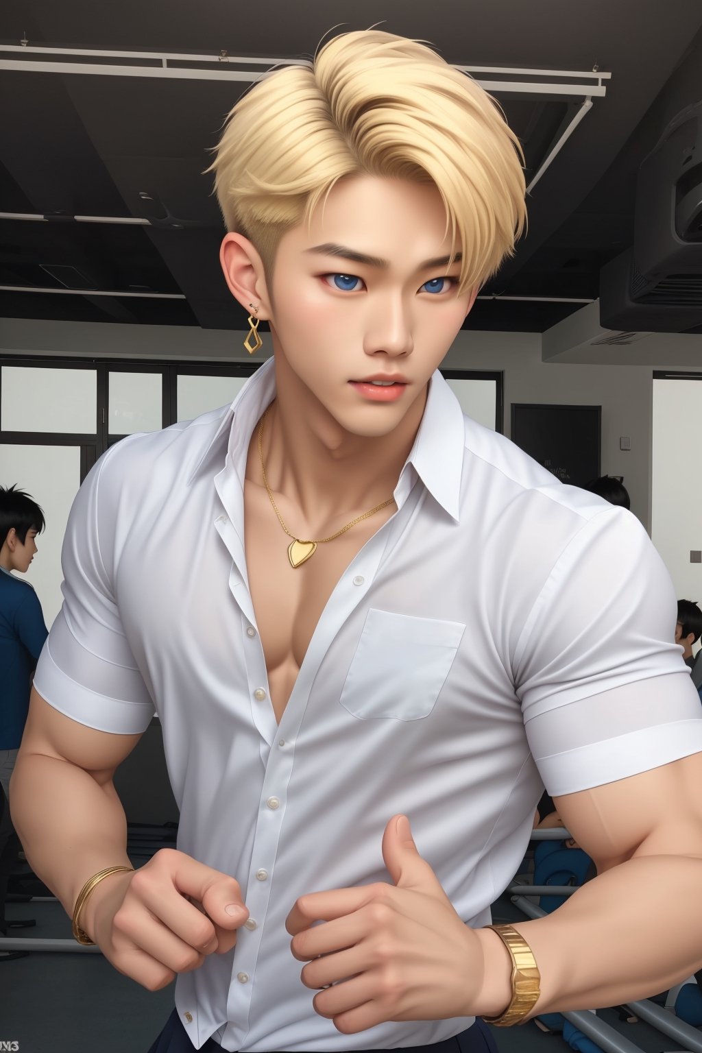  handsome asian boy, 18 year old, kpop,ikemen, dancing, school uniform,  blue eyes, handsome, earrings, gold necklace,  blond hair, slim muscle, physique, fitness model,  close up,ikemen, handsome asian male, kpop,young ikemen, sharp dancing, 
