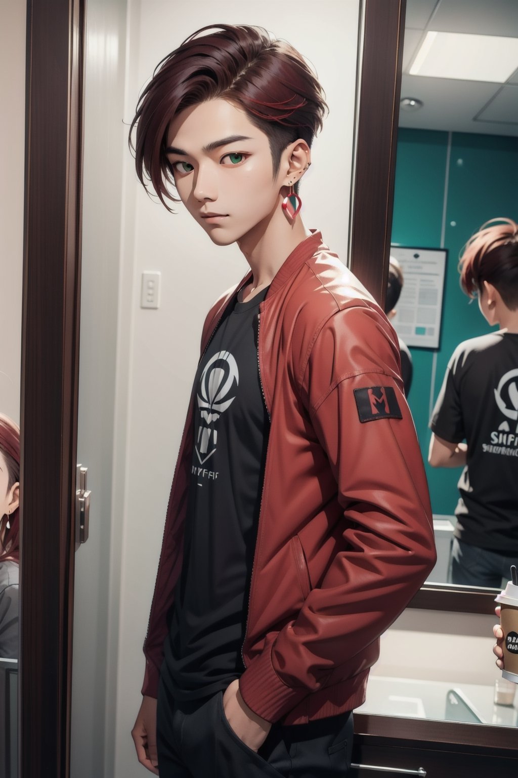 intricate detail, male face,ikemen, kpop, holding a paper coffee cup with heart logos, green eyes, handsome, earrings, glittering wine red color hair with stylish hair style, selfie, stylish, black jacket and white T-shirt with vivid color design art, earrings, young handsome asian male, vivid color, infront of mirror, realistic skin color, realistic right reflection