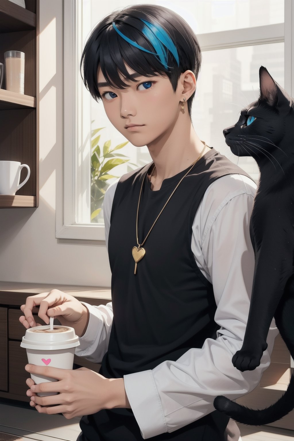 masterpiece, top quality, intricate detail, a young asian hansome male, 18 year old, short fashionable beautiful rainbow color hair, blue eyes, necklace, earrings, slim muscle, smooth skin, realistic skin, with holding a black cat, holding a paper coffee cup with pink heart logo, valentine's day