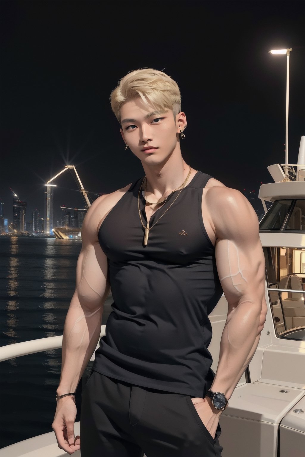 intricate detail, 18 year old, young handsome asian male wearing black tanktop,  kpop,ikemen, blue eyes, handsome, earrings, gold necklace, luxuary golden omega watch,  blond hair, big muscle, physique, fitness model, wealthy, billionair,  standing, in front of private yatch, dubai night background