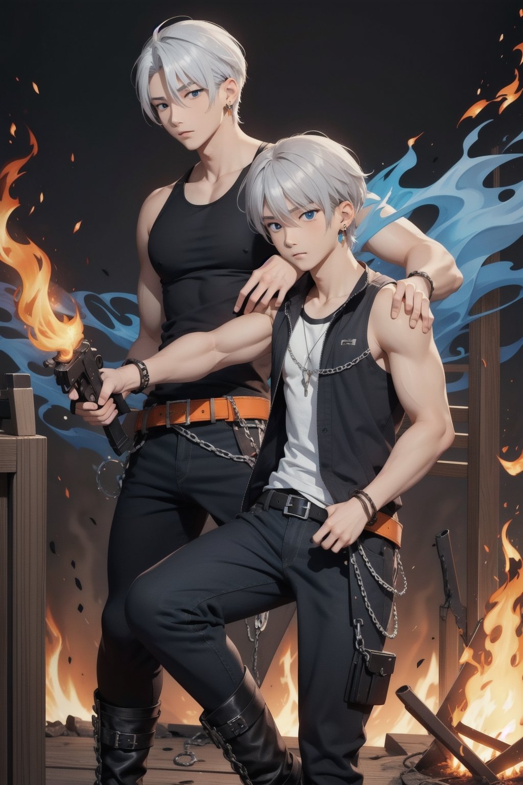 intricate detail, two young Japansehandsome males with black half tanktop and short underware, boots, chains,  holding guns, fighting, blue eyes, handsome, earrings, silver hair, earrings, big blue flame, big orange flame, 
