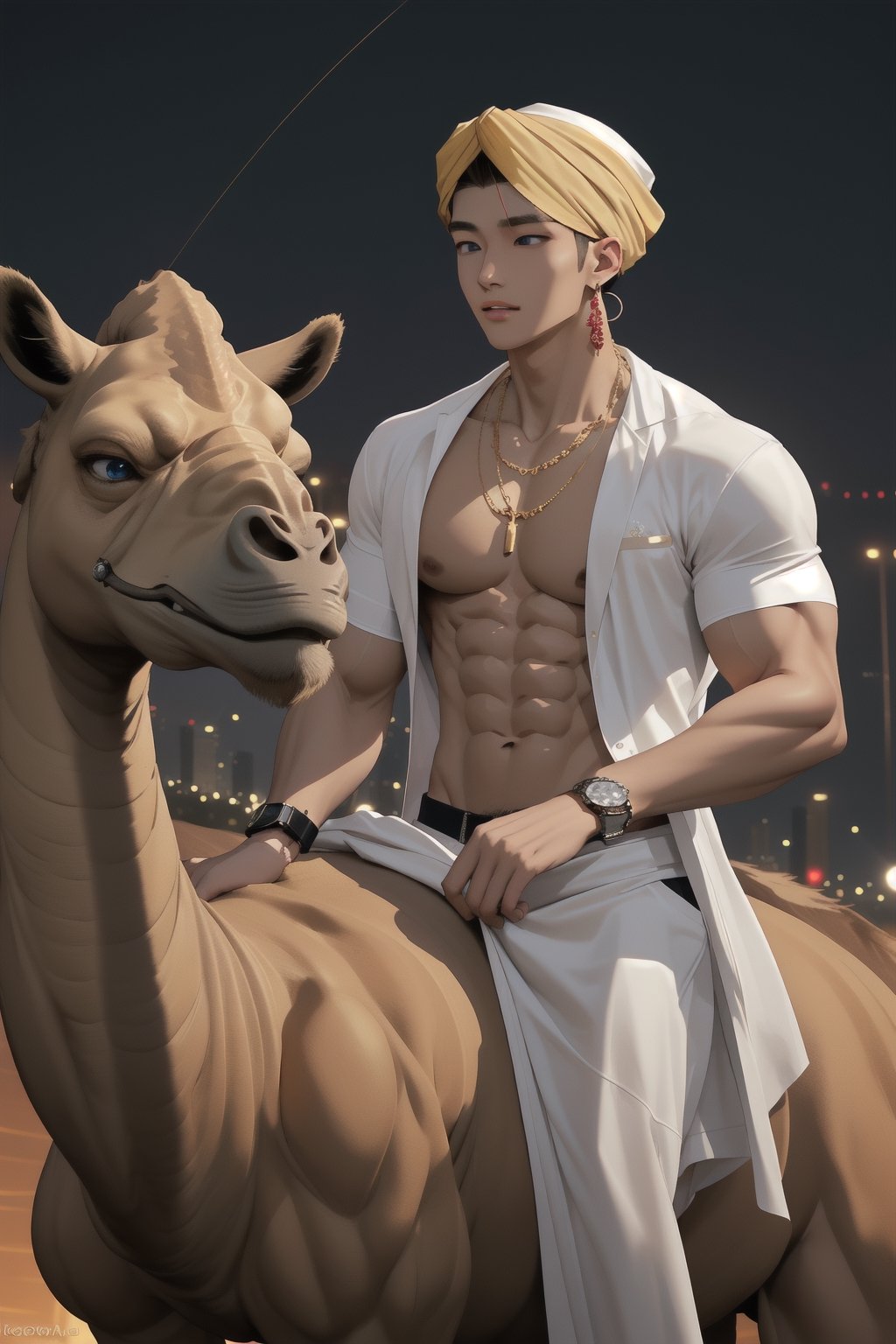 intricate detail, 18 year old, young handsome asian male wearing gorgeous underware with jewels,  kpop,ikemen, blue eyes, handsome, earrings, gold necklace, luxuary golden omega watch,  blond hair, big muscle, physique, fitness model, wealthy, billionair,  shirtless, turban, riding a camel,   dubai night background