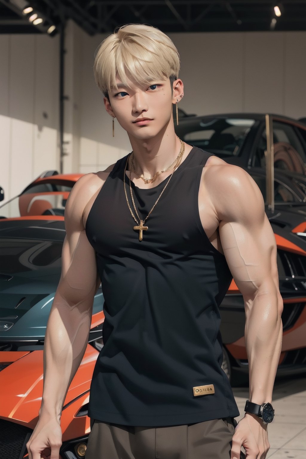 intricate detail, 18 year old, young handsome asian male wearing black tanktop, kpop,ikemen, blue eyes, handsome, earrings, gold necklace, luxuary golden omega watch,  blond hair, big muscle, physique, fitness model, wealthy, in front of glittering blue color supercar