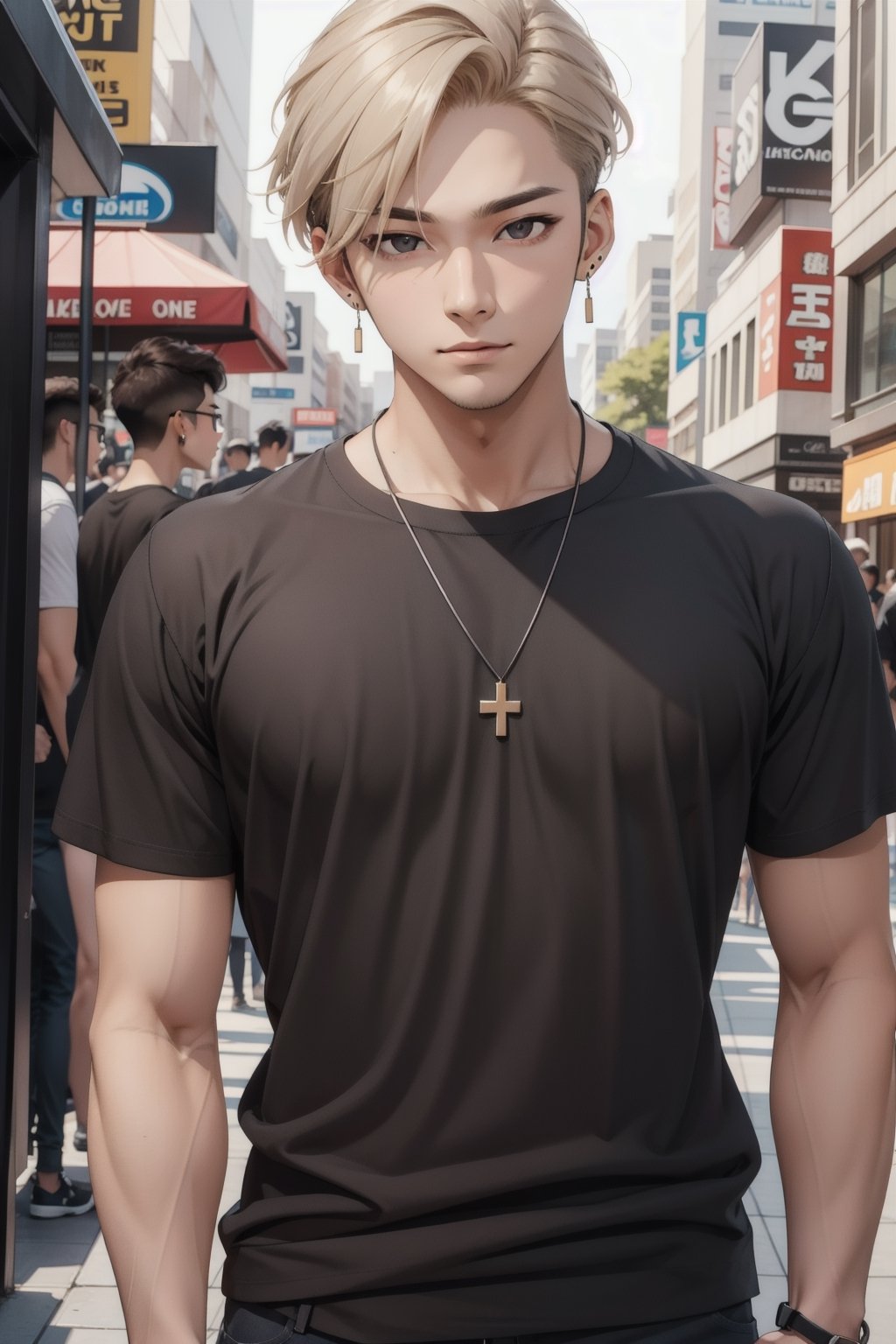 gay male relationship,male face,ikemen, kpop,ikemen, kpop,ikemen, handsome, black t-shirt, necklace, earrings, blond