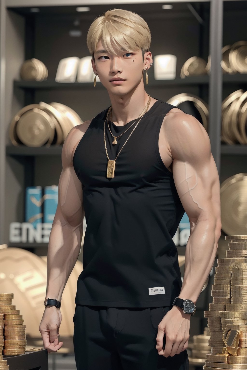 intricate detail, 18 year old, young handsome asian male wearing black tanktop,  kpop,ikemen, blue eyes, handsome, earrings, gold necklace, luxuary golden omega watch,  blond hair, big muscle, physique, fitness model, wealthy, billionair,  standing, surrounded by thousands of gold coins of bitcoin, doing lecture