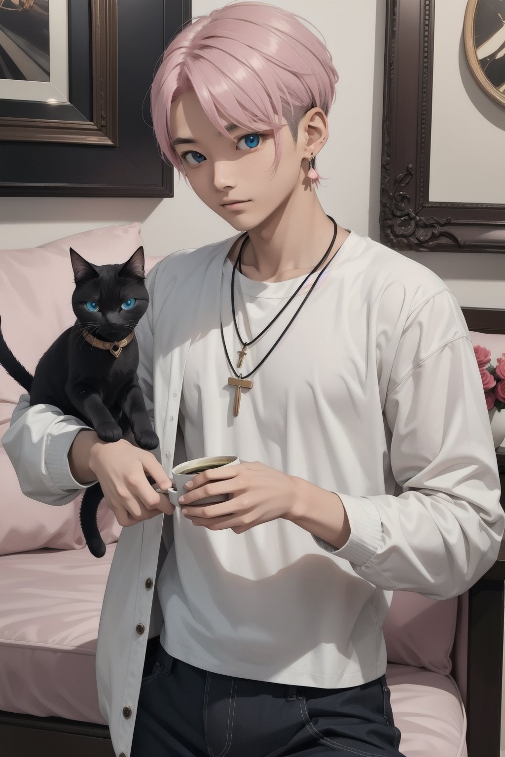 masterpiece, top quality, intricate detail, a young asian hansome male, 18 year old, short fashionable beautiful rainbow color hair, blue eyes, necklace, earrings, slim muscle, smooth skin, realistic skin, with holding a black cat, holding a paper coffee cup with pink heart logo, valentine's day