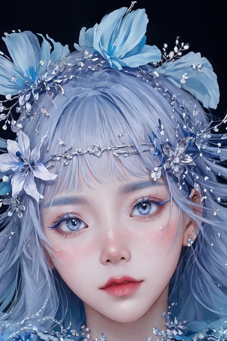 blue theme, snowflakes, looking at viewer, portrait, colorful hair, jewelry, close up, ultra high res, deep shadow,(best quality, masterpiece), dimly lit, shade,highly detailed, bold makeup, flower, simple background, depth of field, film grain, fashion_girl, accessories,High detailed 