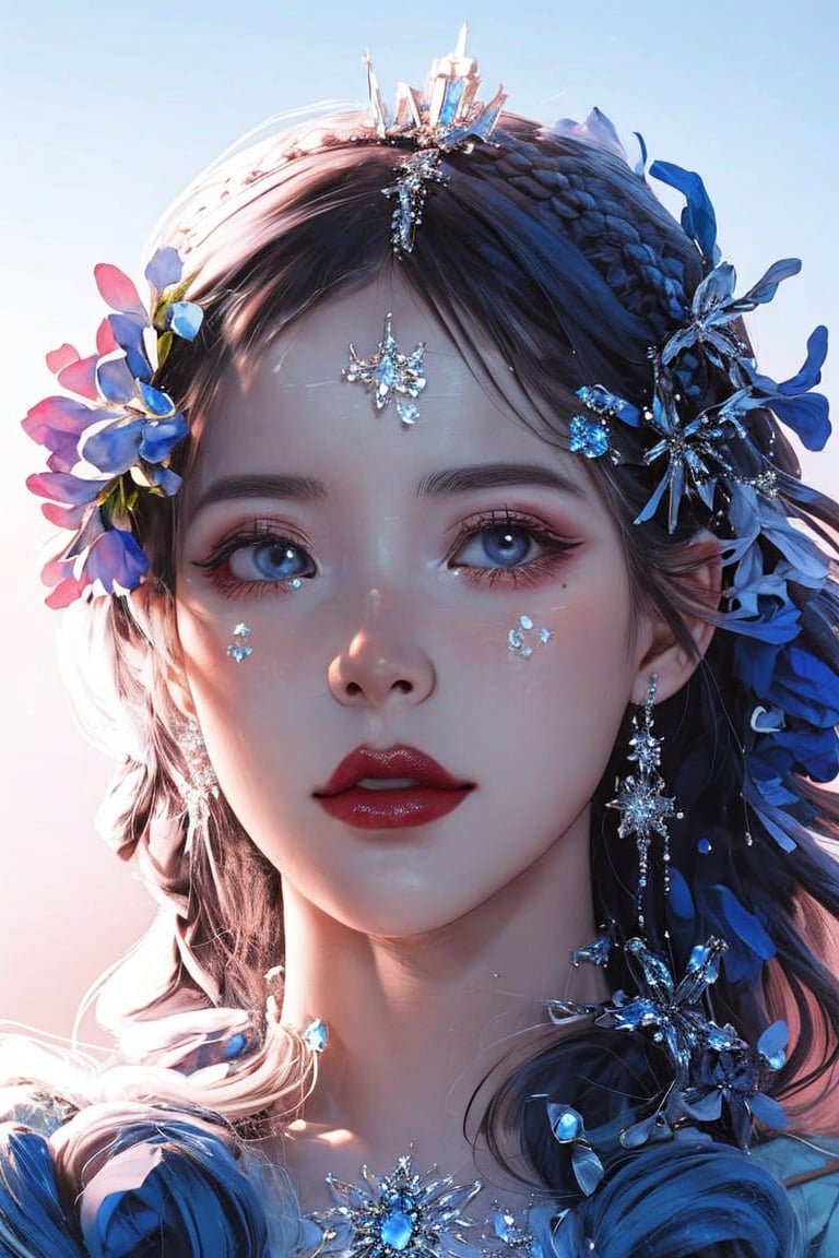 blue theme, snowflakes, looking at viewer, portrait, colorful hair, jewelry, close up, ultra high res, deep shadow,(best quality, masterpiece), dimly lit, shade,highly detailed, bold makeup, flower, simple background, depth of field, film grain, fashion_girl, accessories,High detailed ,iulorashy