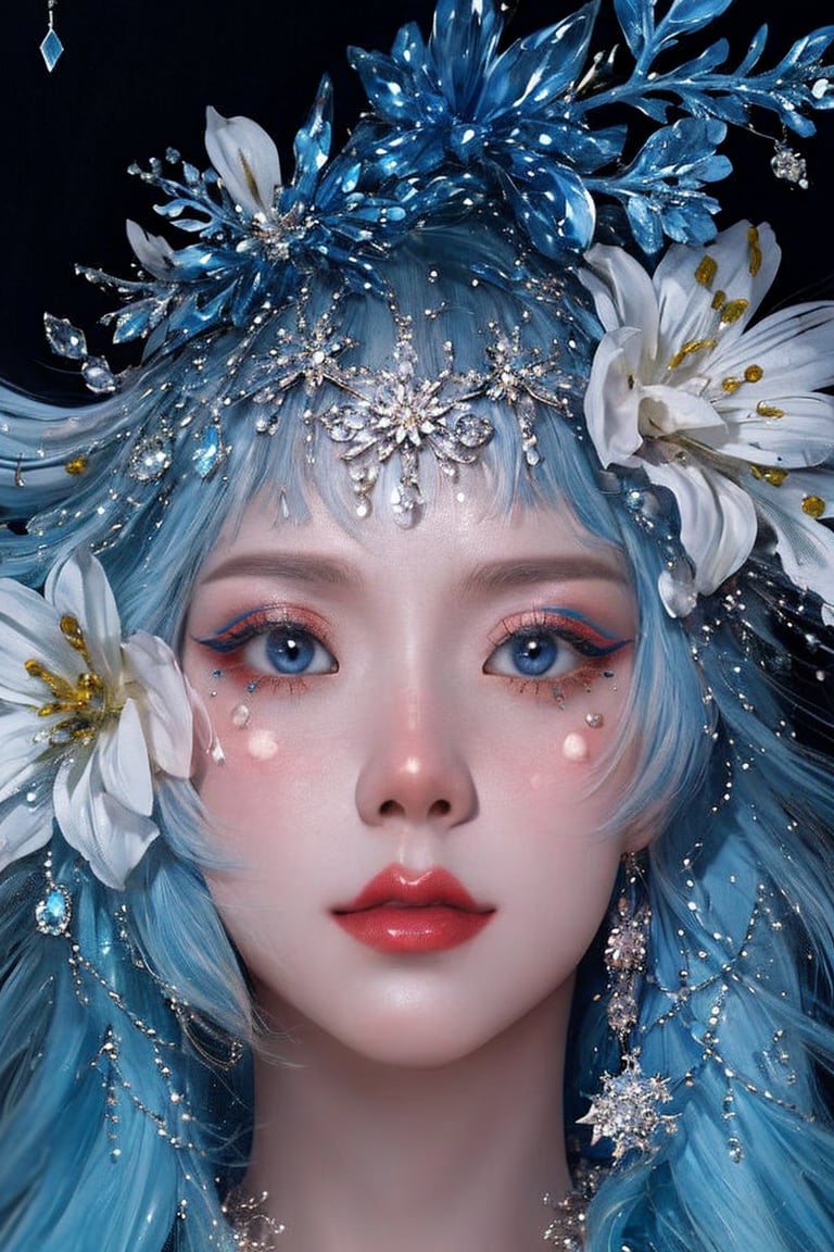 blue theme, snowflakes, looking at viewer, portrait, colorful hair, jewelry, close up, ultra high res, deep shadow,(best quality, masterpiece), dimly lit, shade,highly detailed, bold makeup, flower, simple background, depth of field, film grain, fashion_girl, accessories,High detailed ,jisoolorashy