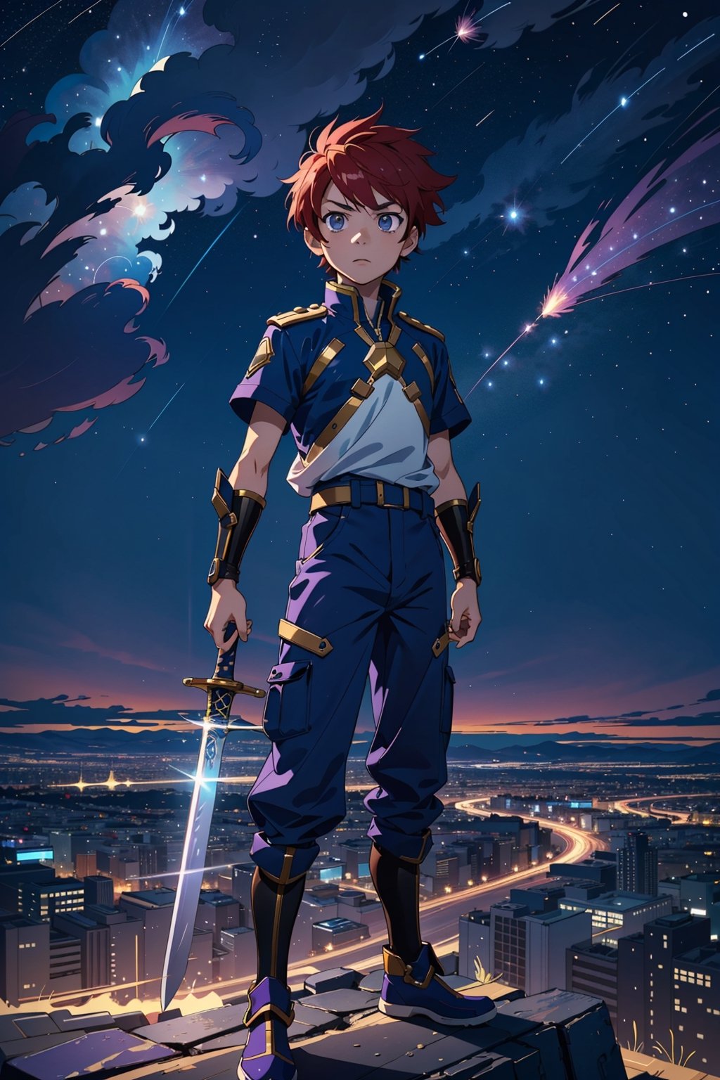 1boy, line-art, anime boy with vibrant, multicolored hair. He wields a futuristic energy sword, the blade crackling with blue and purple sparks, while standing atop a floating cityscape amidst a starry night. The boy's expression should convey a mix of determination and mystery as he gazes into the distance, ready to face an unknown cosmic threat."