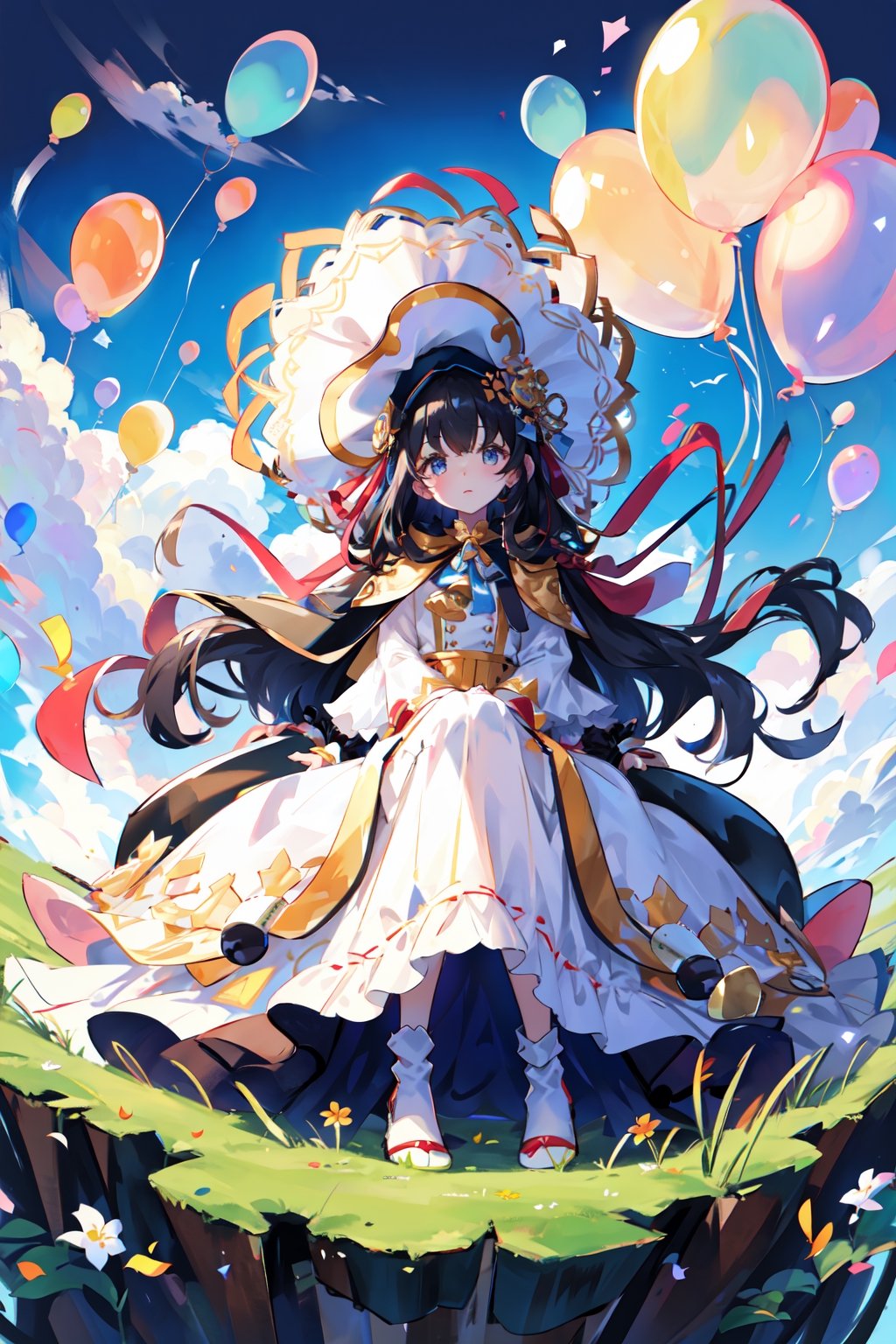 (panorama, wide shot), best quality, masterpiece, extremely detailed, detailed background, (from below:1.2), 1girl, solo, black hair,looking at viewer, red shirts, long hair, wavy hair, on side, fluffy hair, french , (white hat), capelet, lace trim, bodice, blue sky, sunshine,long dress, ,sunny,scenery, grassland, high place, horizon, balloons, falling from the sky.