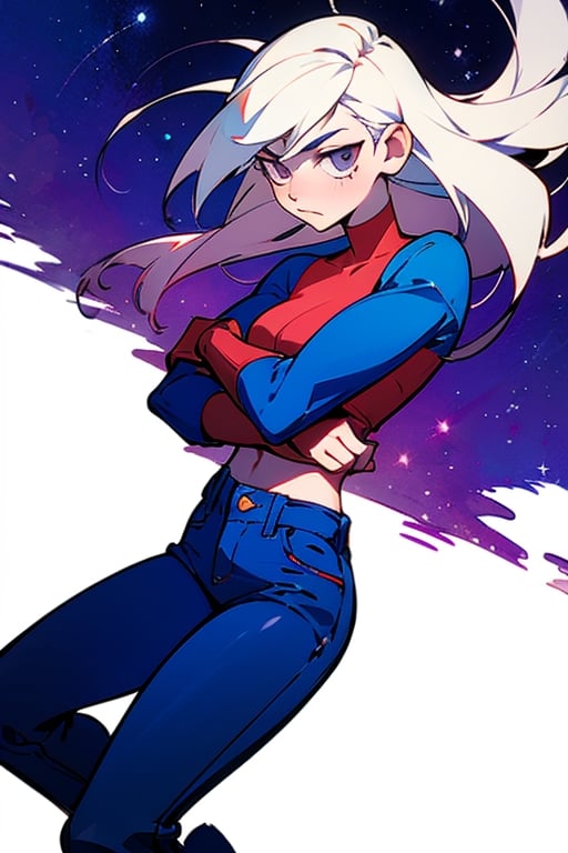 A handsome girl , masterpiece, detailed, anime,best quality, high quality, masterpiece, dark night sky, dark eyes, dark jeans, two arms, white hair