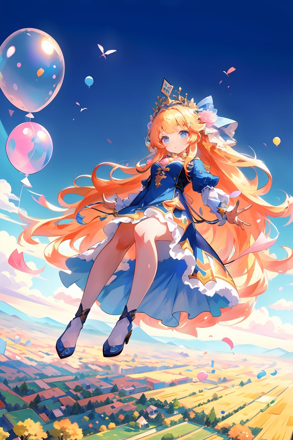 (panorama, wide shot), best quality, masterpiece, extremely detailed, detailed background, (from below:1.2), 1girl falling from the sky, solo, long hair, blonde hair, on side, fluffy hair, blue pink sky, sunshine, long dress, ,sunny,scenery, high place, horizon, balloons, falling from the sky , glitter,shiny