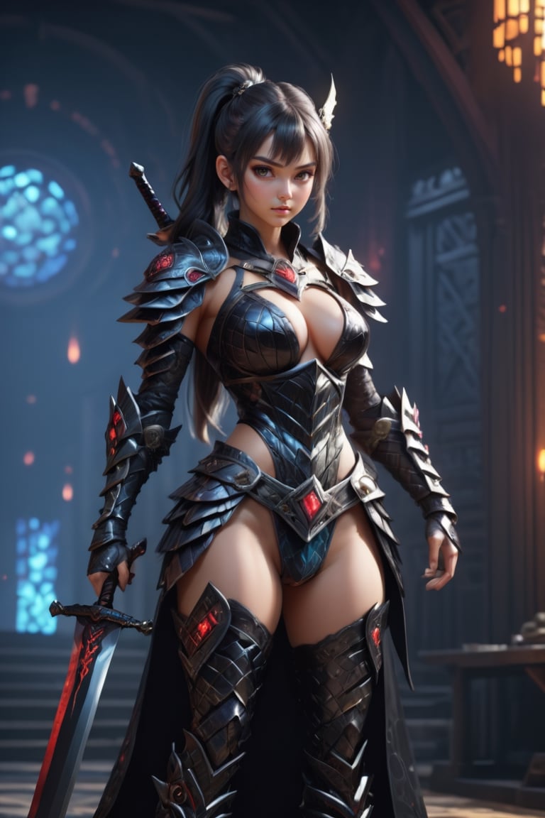 masterpiece, 8k resolution, ray-tracing, a beautiful girl with huge breasts and wide hips with a very provocative outfit, lewd, anime style, adventurer costume, milf, magic, high ponytail, (with a sword on her back:1.4), (entire body view:1.5), anime studio,F41Arm0rXL 