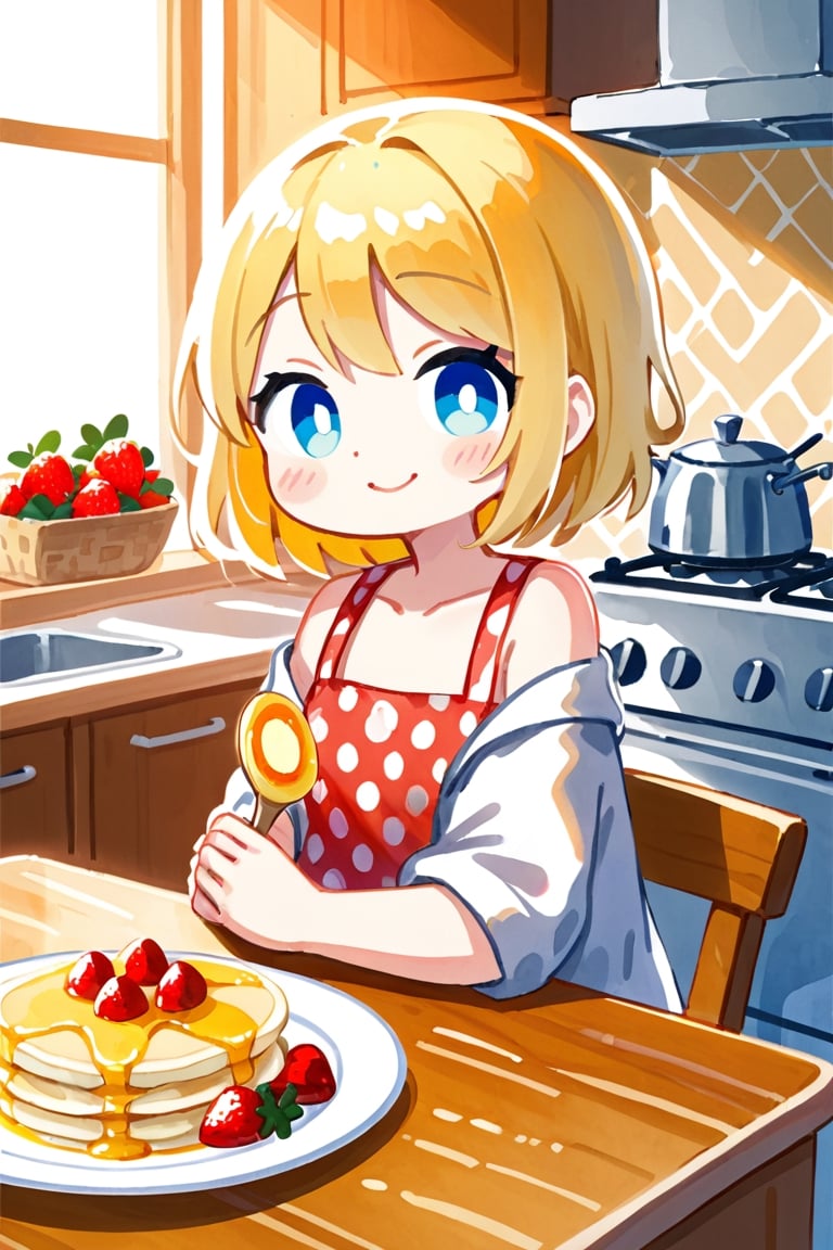 1girl, solo, sitting, watercolor, cute, strawberries, melted butter, fresh cream, real and delicious, blonde hair, shoulder-length, no hair accessory, blue eyes, round eye shape, smiling expression, flat chest , casual clothing with pancake patterns, background: kitchen with a warm and cozy atmosphere.