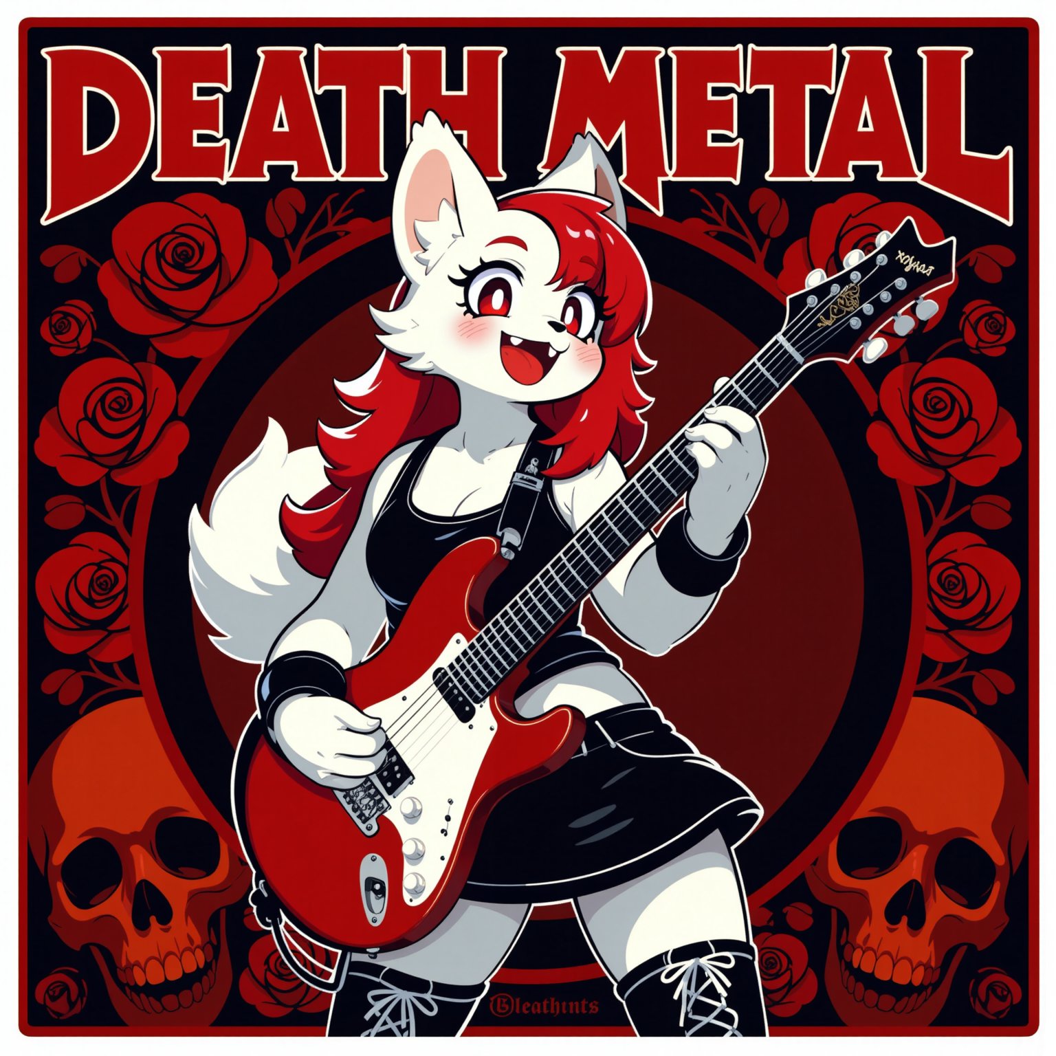 Death metal band artwork, album cover art, the words "DEATH METAL" are drawn on the top, a furry girl holding an electric guitar, wearing rock style clothing, she has red and white hair, death metal style ,The background is composed of red and black with roses and skulls