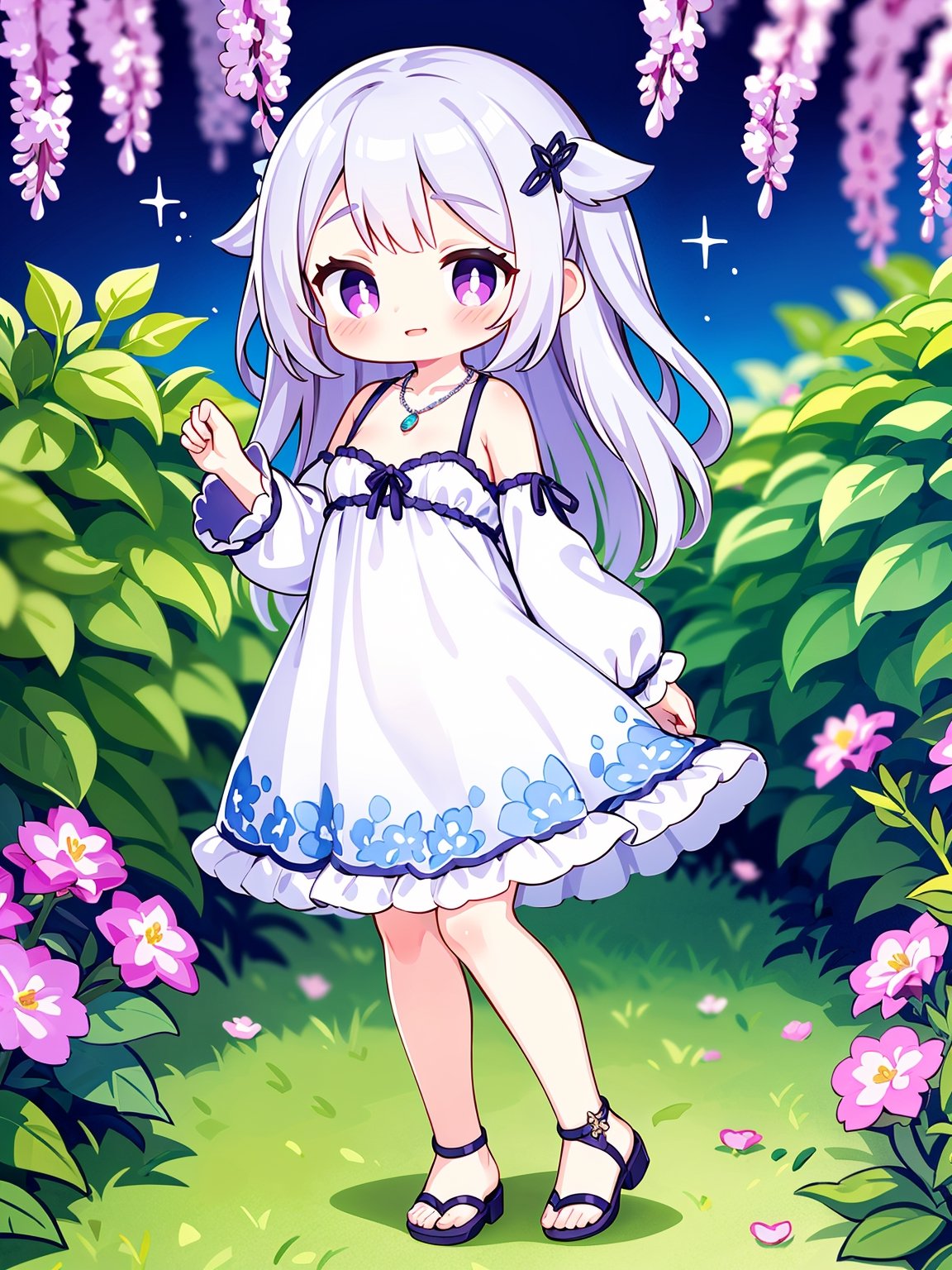 1girl, solo, watercolor painting, ethereal atmosphere, flowing dress, pastel colors, delicate jewelry, silver necklace, youthful appearance, long lavender hair, loose waves, flower hairpin, violet eyes, gentle smile, modest bust size, flowing petals in the breeze, scenic garden background, blooming amethyst flowers, soft sunlight, standing pose, facing sideways, ankle-length dress, empire waist, flowing sleeves, floral patterns, dainty sandals, slender fingers, peaceful expression, surrounded by sparkling water droplets, dreamlike ambiance. 