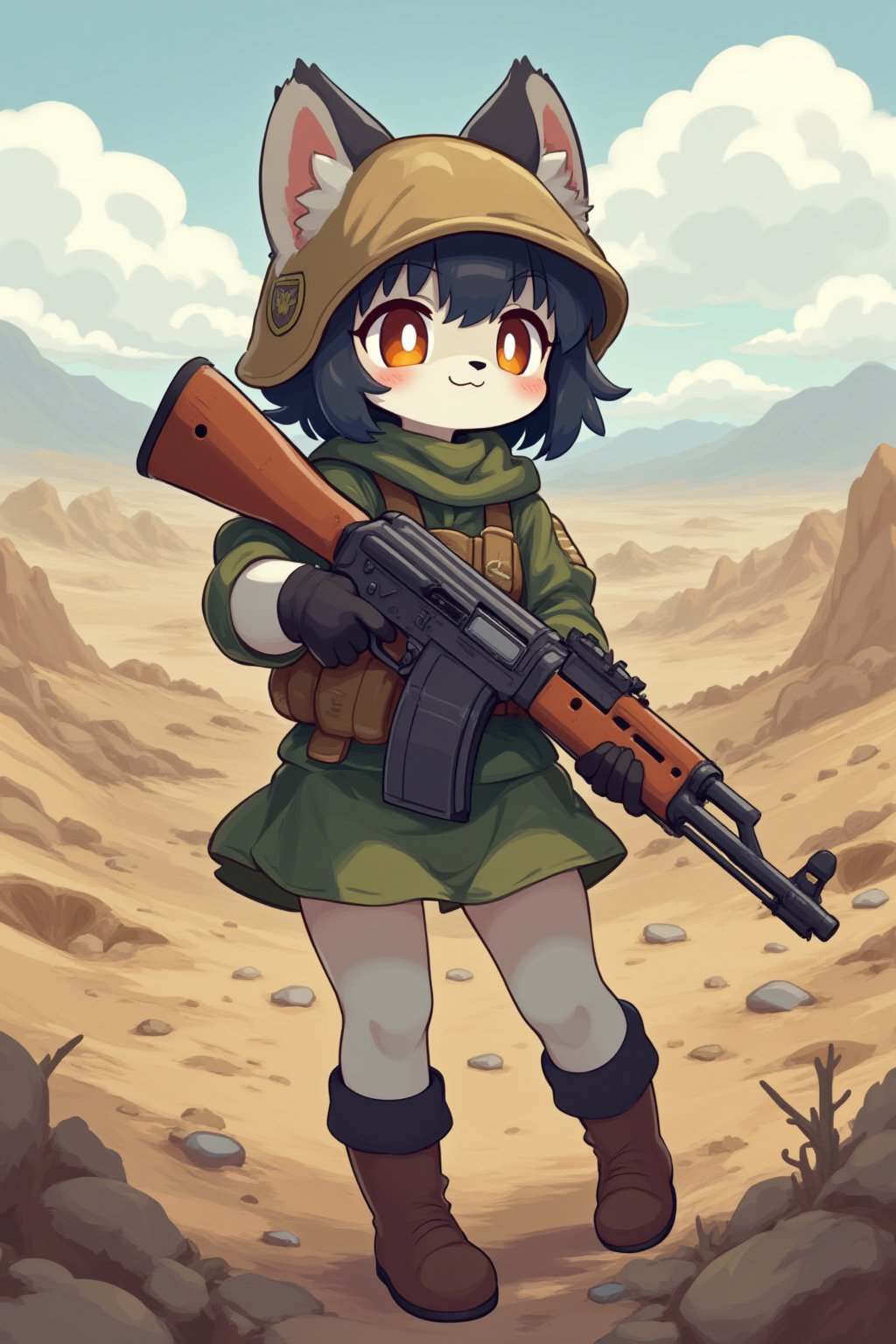 Moe Anime cute Furry girl, youthful and fierce, grips AK-47 firmly in hand, amidst the ravaged landscape of war. Battle-scarred terrain stretches out behind her, pockmarked with craters and littered with debris. Her furry features stand out against the desolate backdrop, a striking contrast of innocence and danger.kill in every direction,child body