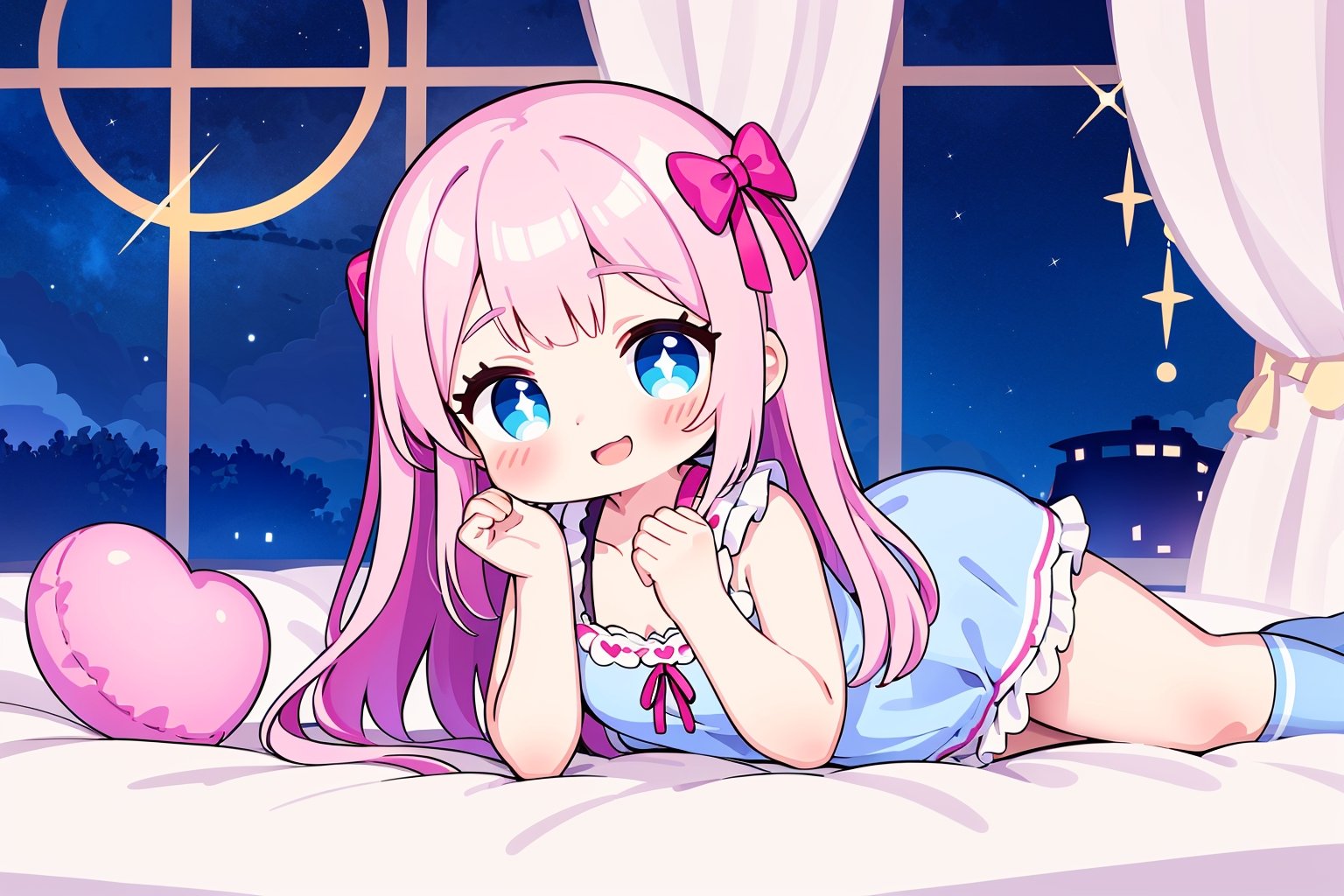 
1girl, solo, lying down, candy, sweet, pastel colors, detailed background, dreamy atmosphere, digital art style, pink hair, long hair, loose curls, hair ribbon, blue eyes, sparkles, smiling expression, frilly dress, lace details, knee-high socks, Mary Jane shoes, candy-themed accessories, heart-shaped lollipops, sugary clouds, bedroom setting, starry sky outside the window, moonlight, soft shadows, cute pose with hands under the cheek, ethereal glow, dynamic composition.