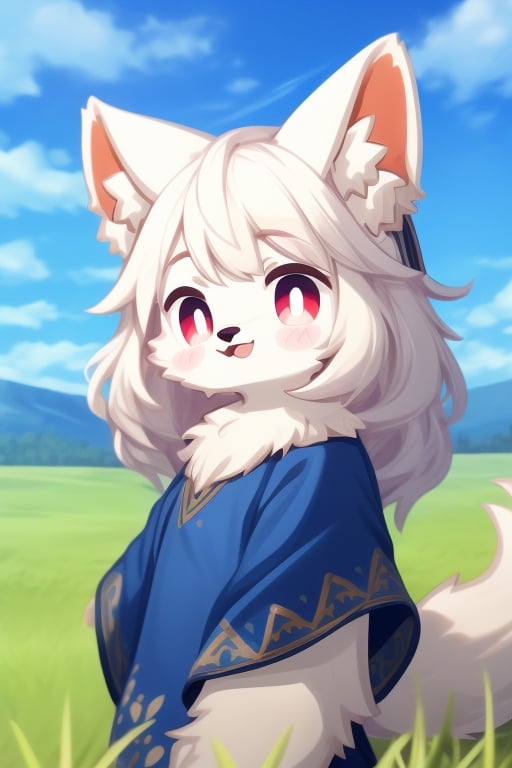 1girl, animal_ears, animal_tails, white hair, long hair , red eyes, furry, Ethnic Clothing, fluff, prairie, grassland, blue sky, happy, face focus, cheek_fluff