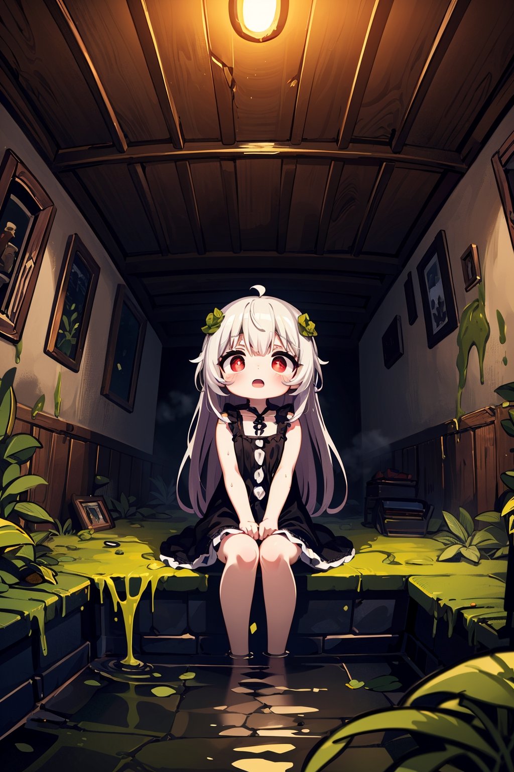 ((Detailed Background)),((Intricate Details)),(((Masterpiece))),(((Best Quality))))))),(((Super Detailed))),(Illustration), 1 Female, beautiful face, red eyes, open mouth (singing softly), sitting in front of the piano, playing the piano, wet long hair like kelp, wet body, sitting on a broken bed, rotten yellow-green liquid coming from There is leakage from her body, a tattered gothic Lolita dress (a wet and slightly transparent dress,), a dark room, sandwiched between a rotten ceiling, swampy gas lingering in the room, a detailed design of a dilapidated European style room, with damp and moldy surroundings , water seeped into the walls, puddles were everywhere on the floor, moss grew around the disturbing and terrifying underground chamber, fog and swamp gas surrounded the entire room,DarkTheme,Jack o 'Lantern