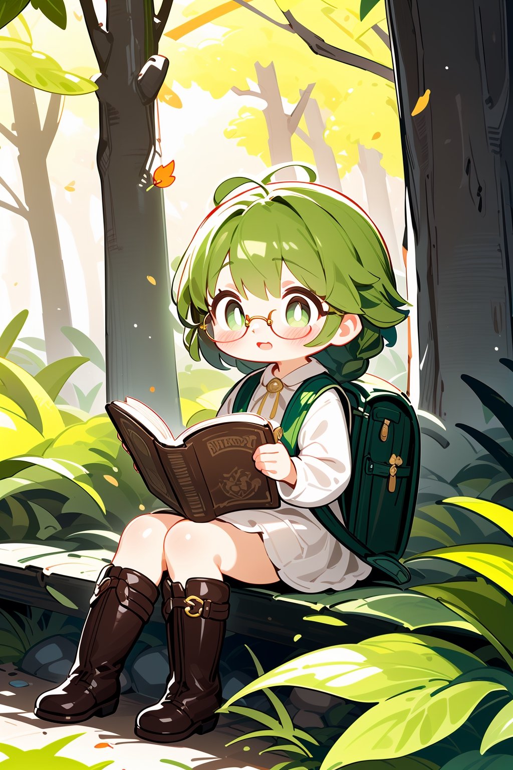 1girl, solo, forest, bookshelf, warm lighting, wooden floor, long brown hair, loose braid, green hair accessory, amber eyes, content expression, casual attire, earth tones, knee-length skirt, knee-high boots, soft sunlight filtering through leaves, falling autumn leaves, open book in hand, reading stance, vintage spectacles, a small leather backpack, aged paper, soft breeze, dappled sunlight, moss-covered rocks, distant trees, magical atmosphere, nostalgic feeling, tranquil setting.