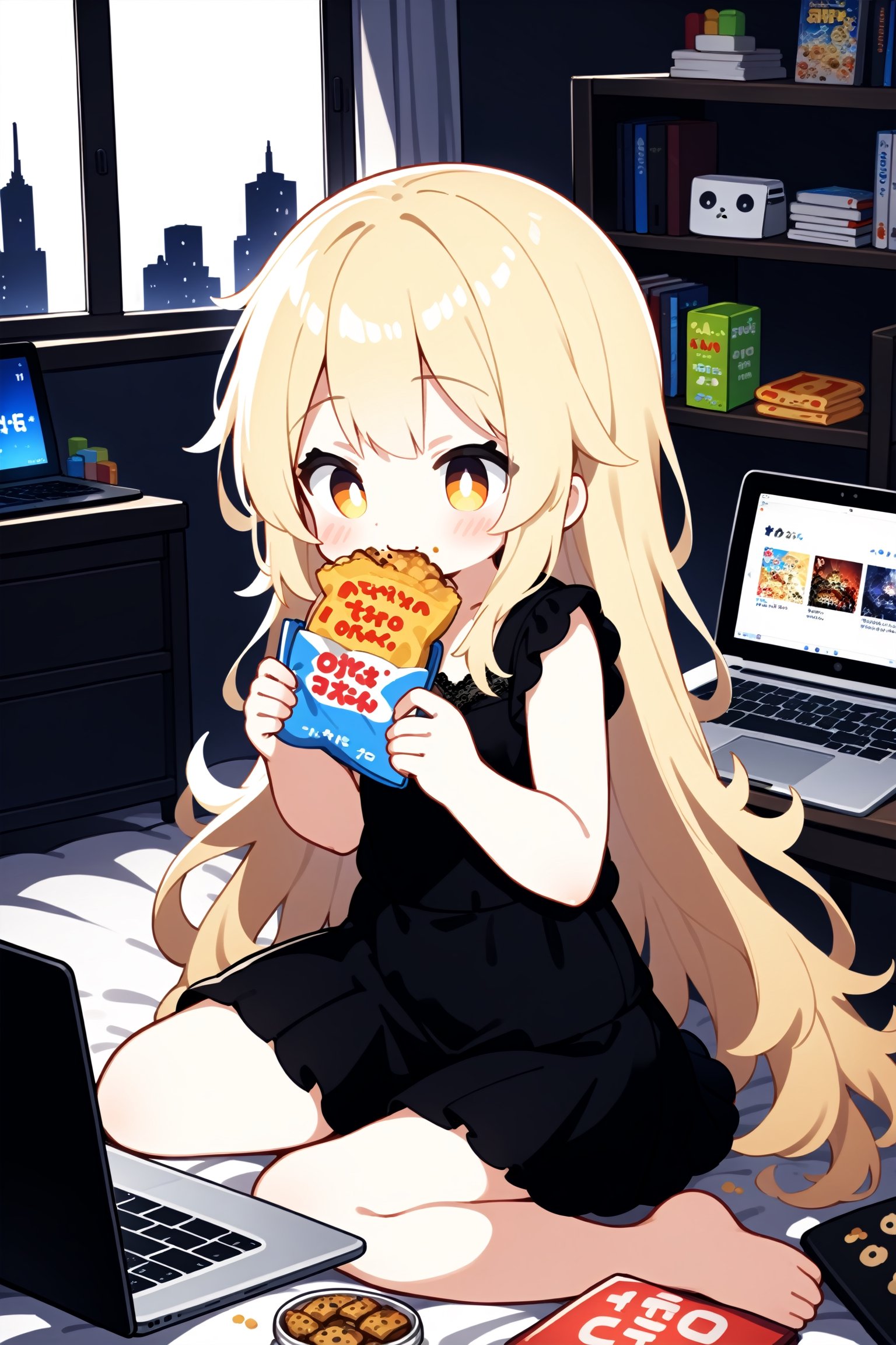 1girl, otaku, blonde hair, super long hair, messy hair, black Gothic skirt, lace, sitting, games, room, laptop, dark room, bookcase, messy room, bed, snacks,eating, book, ipad