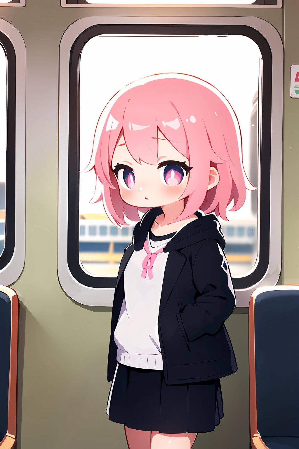 (masterpiece), 1girl, pink hair, train interior