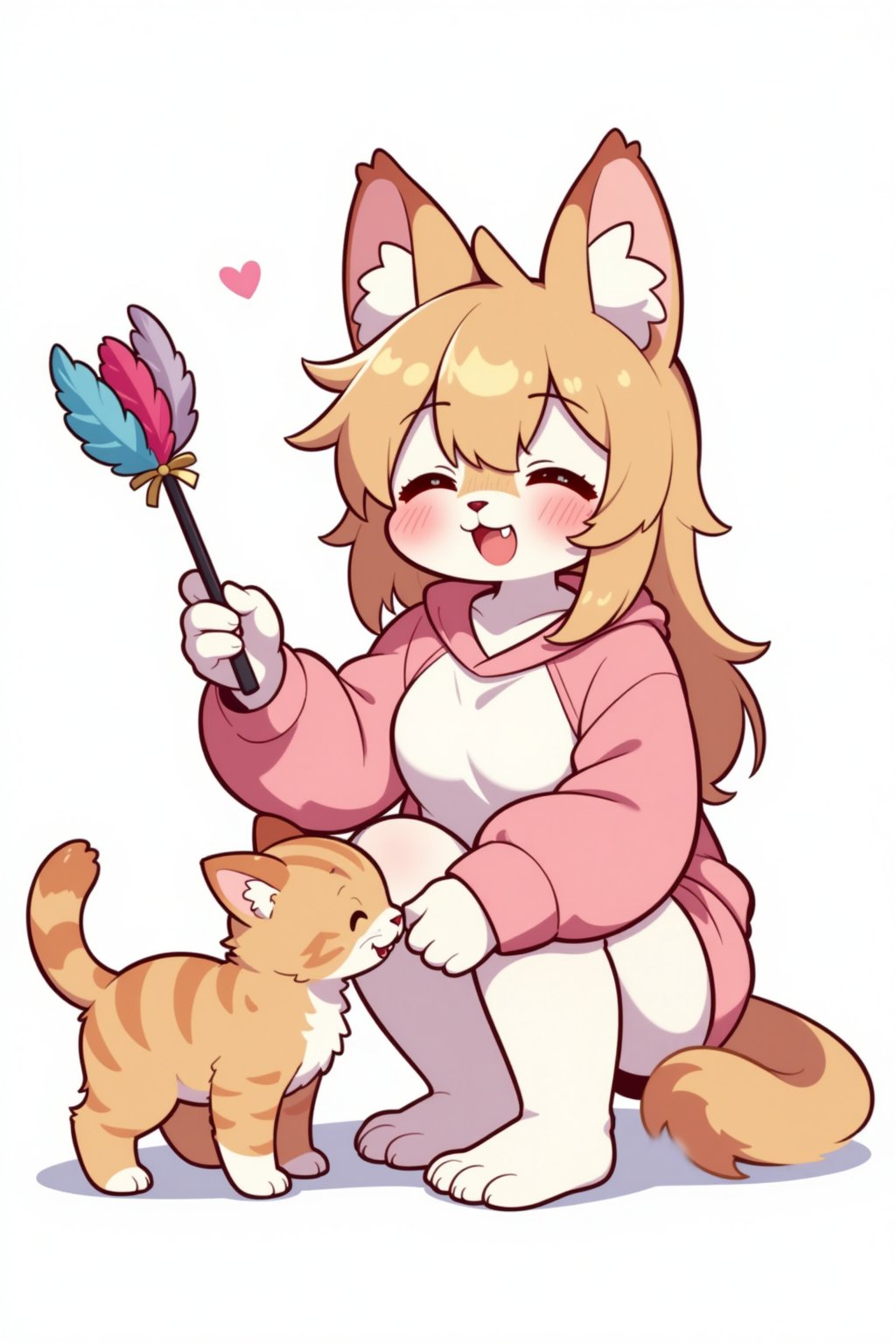 A furry girl squats and plays with a kitten with a cat teaser wand in her hand, There are feathers on the cat teaser wand ,She smiled happily, showing her cute fang, Wearing loungewear, white simple background,